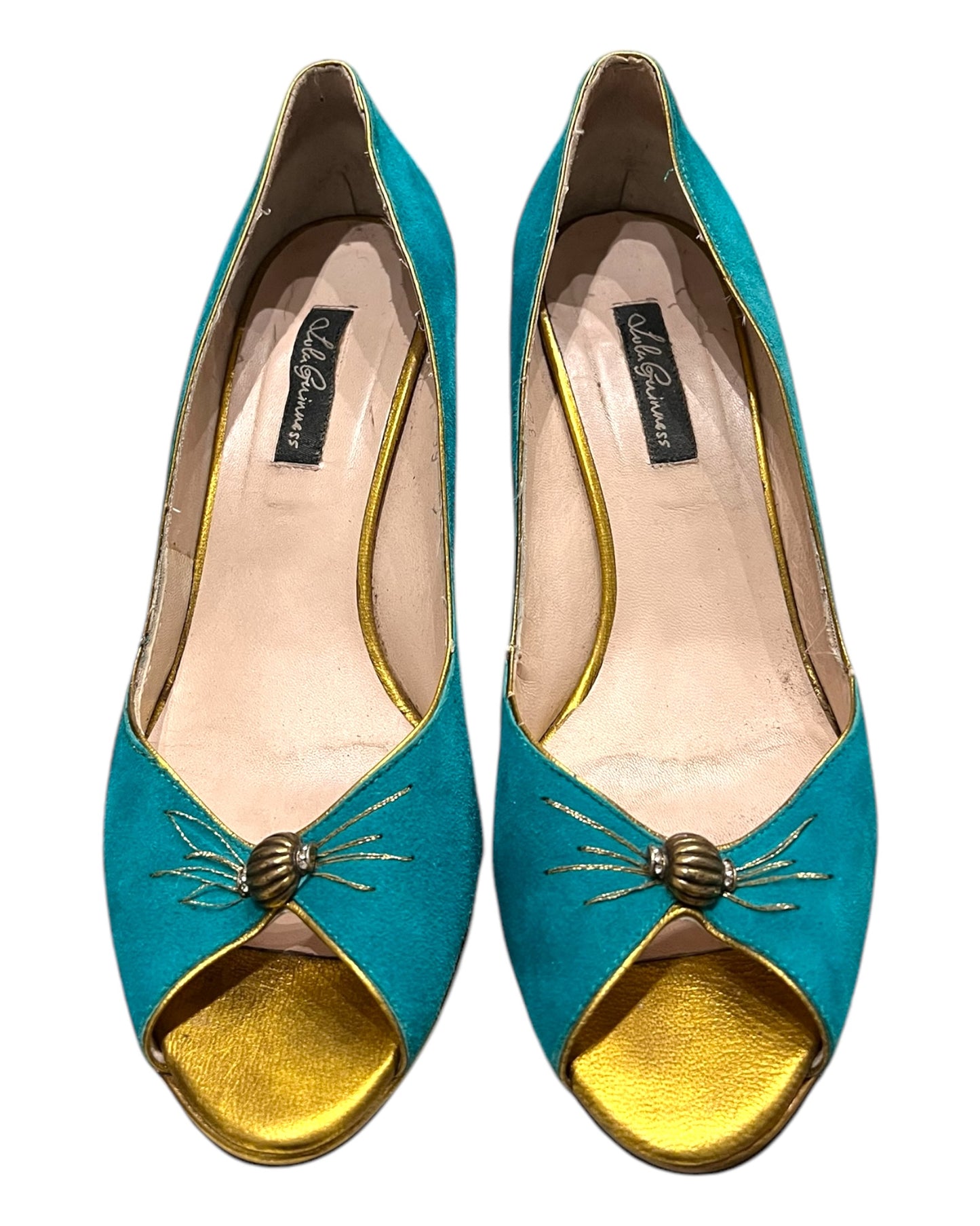 Vintage Lulu Guinness Turquoise and Gold Suede Peep-Toe Heels