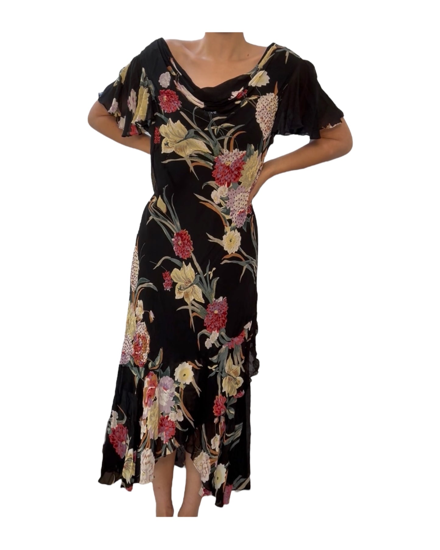 Vintage Black Floral Beaded Maxi Dress