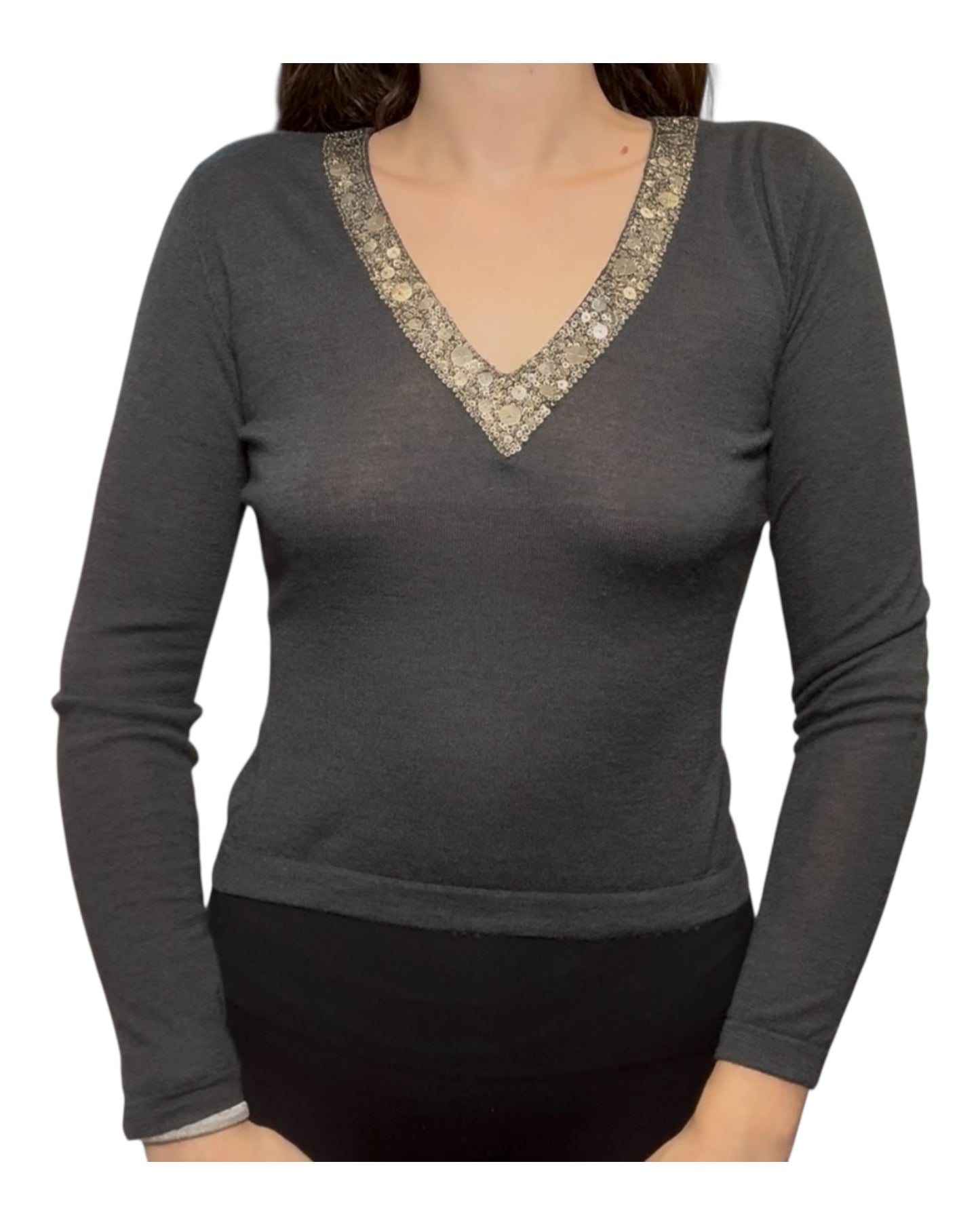 Vintage Cashmere V-Neck Sweater with Sequin Collar