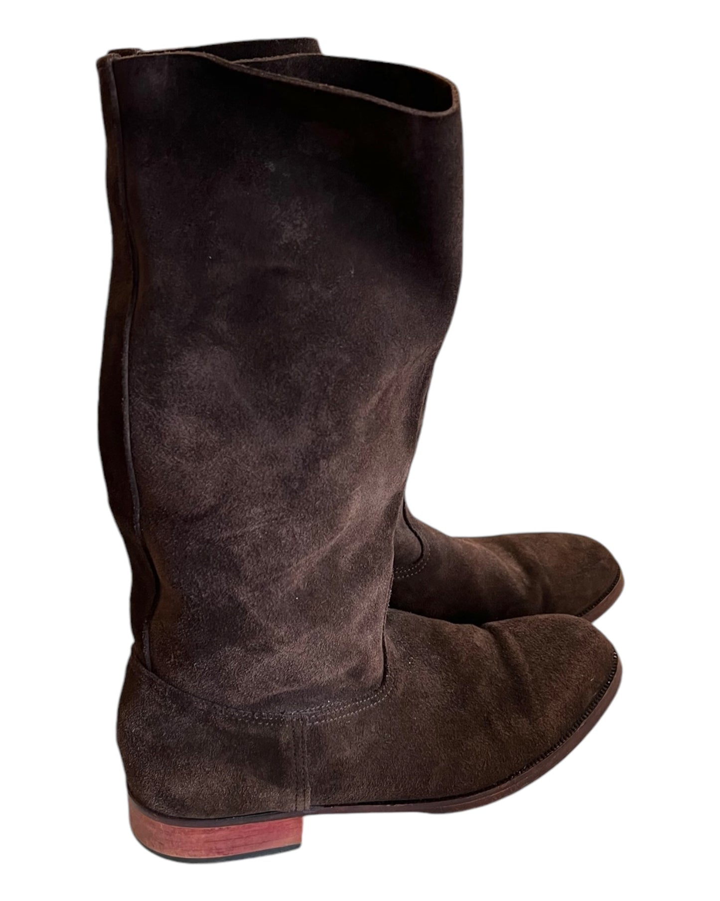 Vintage Chocolate Brown Suede Argentine Riding Boots. Features rounded toe and are mid to high calf height.