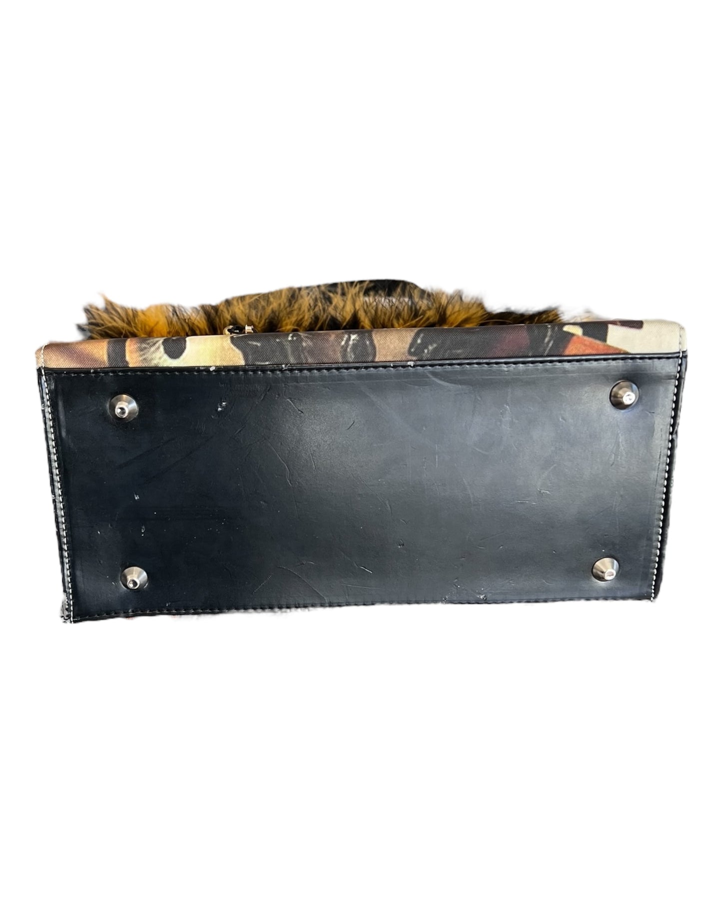 Vintage Graphic Animal Friends Bag with Feather Trim. image shows footed bottom of the bag.