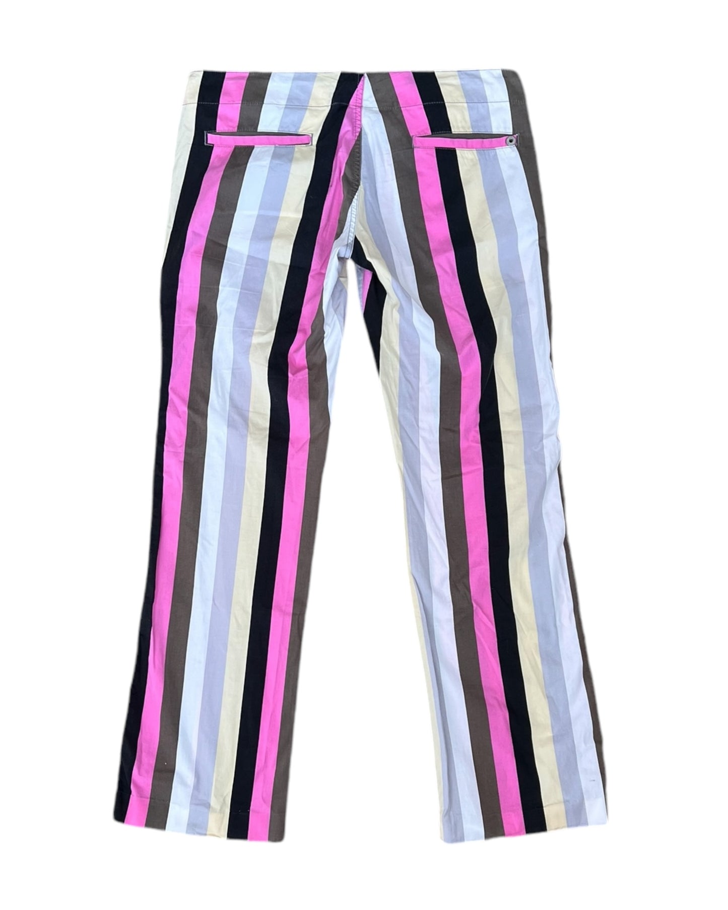 Vintage 2000s Diesel Pinstripe Low-Waist Trousers. Featuring dual lace up closures. Colors are pink, grey, black, blue, and beige.