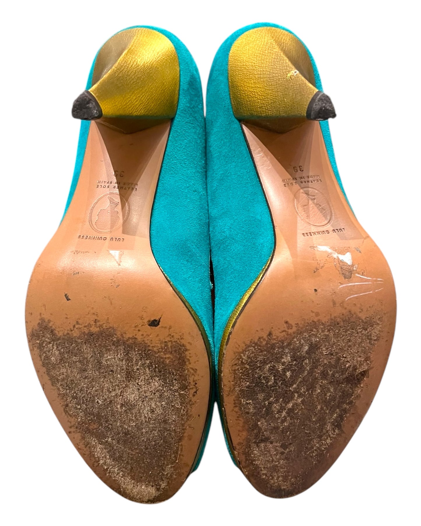 Vintage Lulu Guinness Turquoise and Gold Suede Peep-Toe Heels