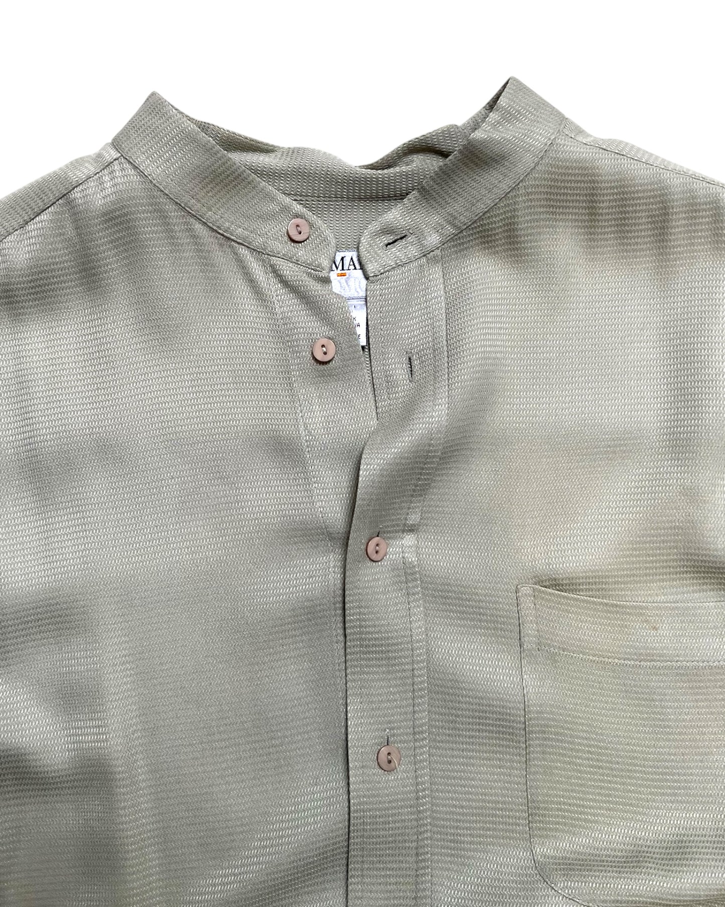 Vintage Green Silk Banded Collar Button-Up Top