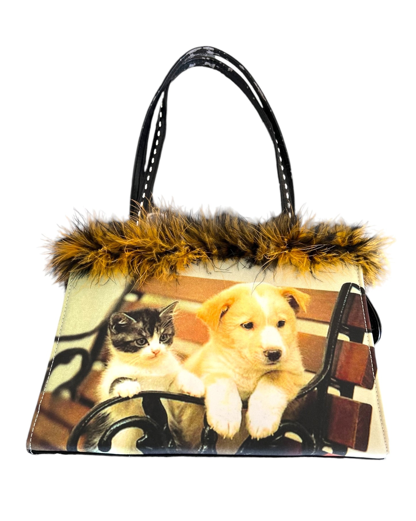Vintage Graphic Animal Friends Bag with Feather Trim