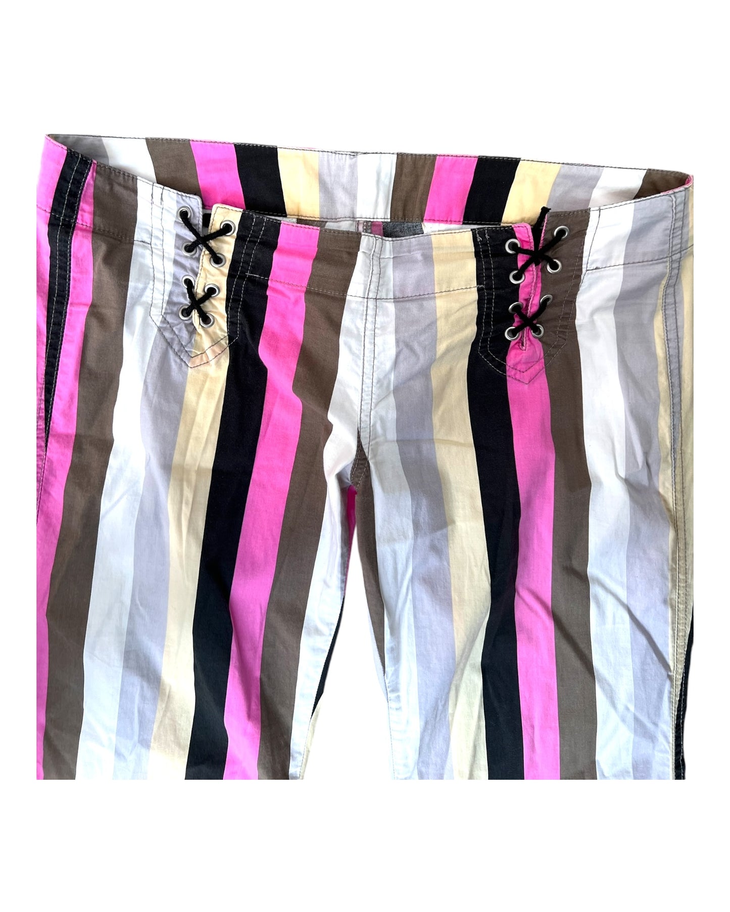 Vintage 2000s Diesel Pinstripe Low-Waist Trousers. Featuring dual lace up closures. Colors are pink, grey, black, blue, and beige.