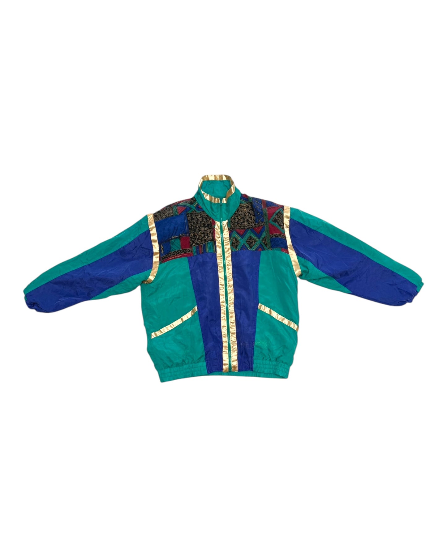 Vintage 1980s Green, Blue and Gold Silk Windbreaker