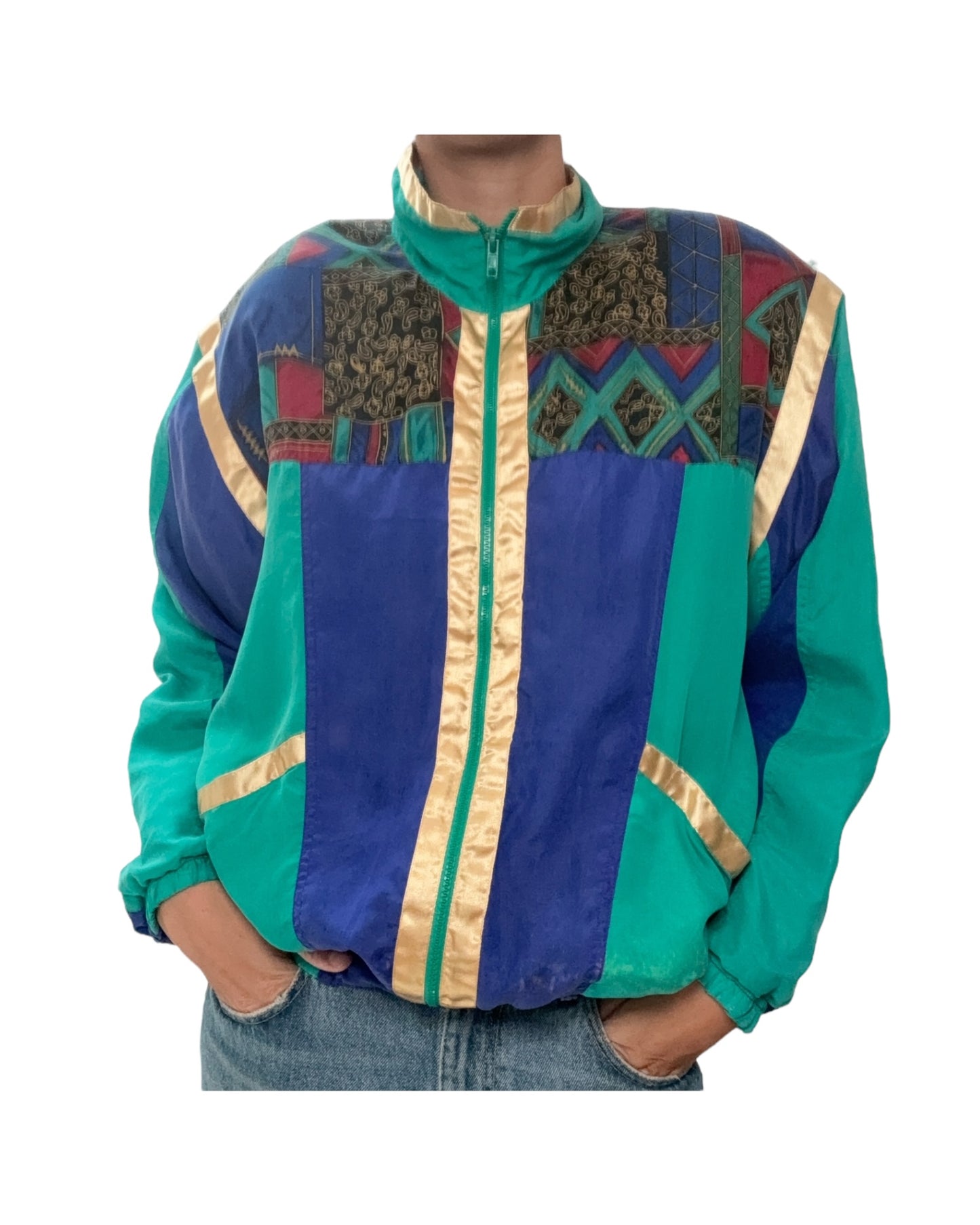 Vintage 1980s Green, Blue and Gold Silk Windbreaker