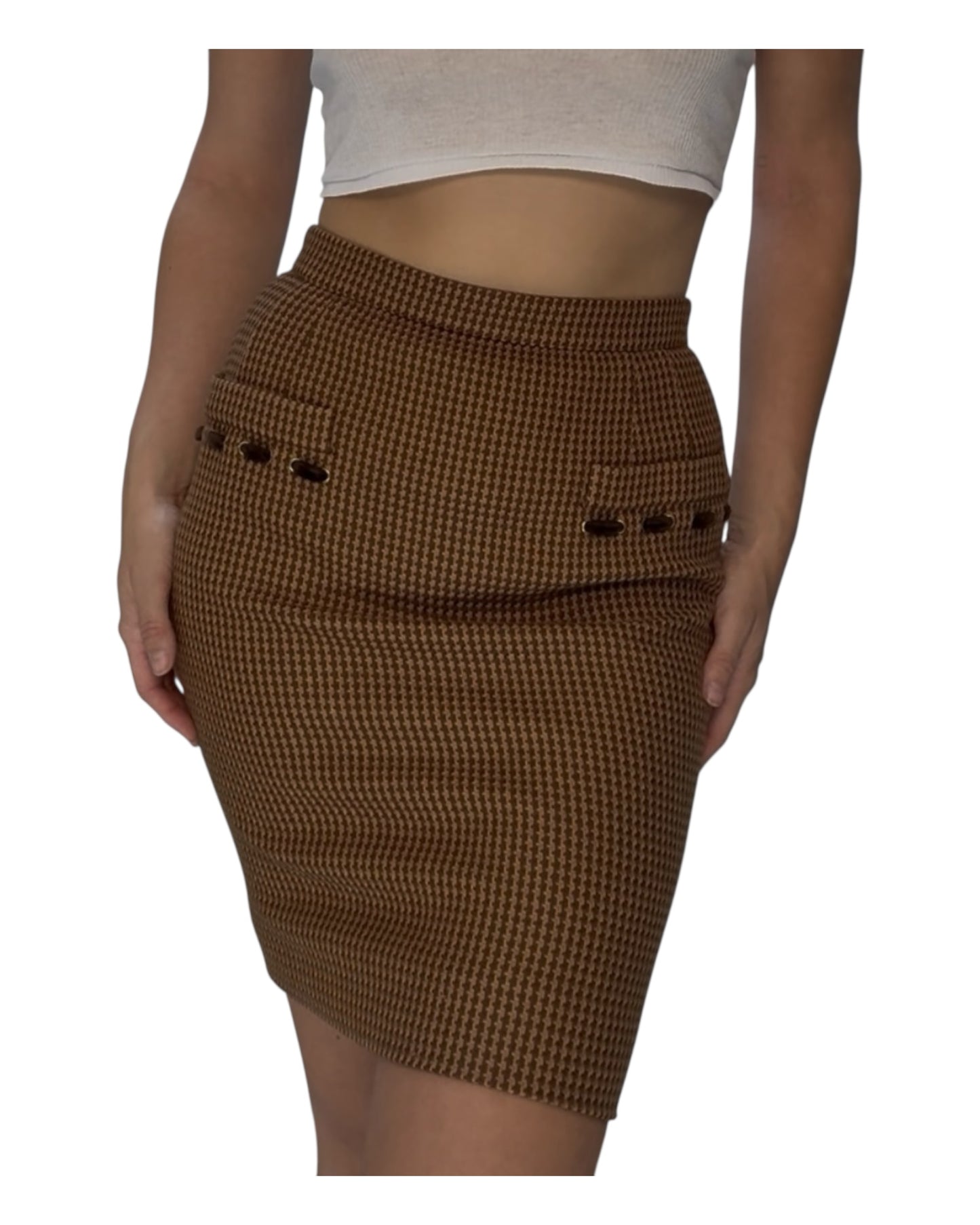 Vintage 1980s Valentino Brown Houndstooth Wool Pencil Skirt