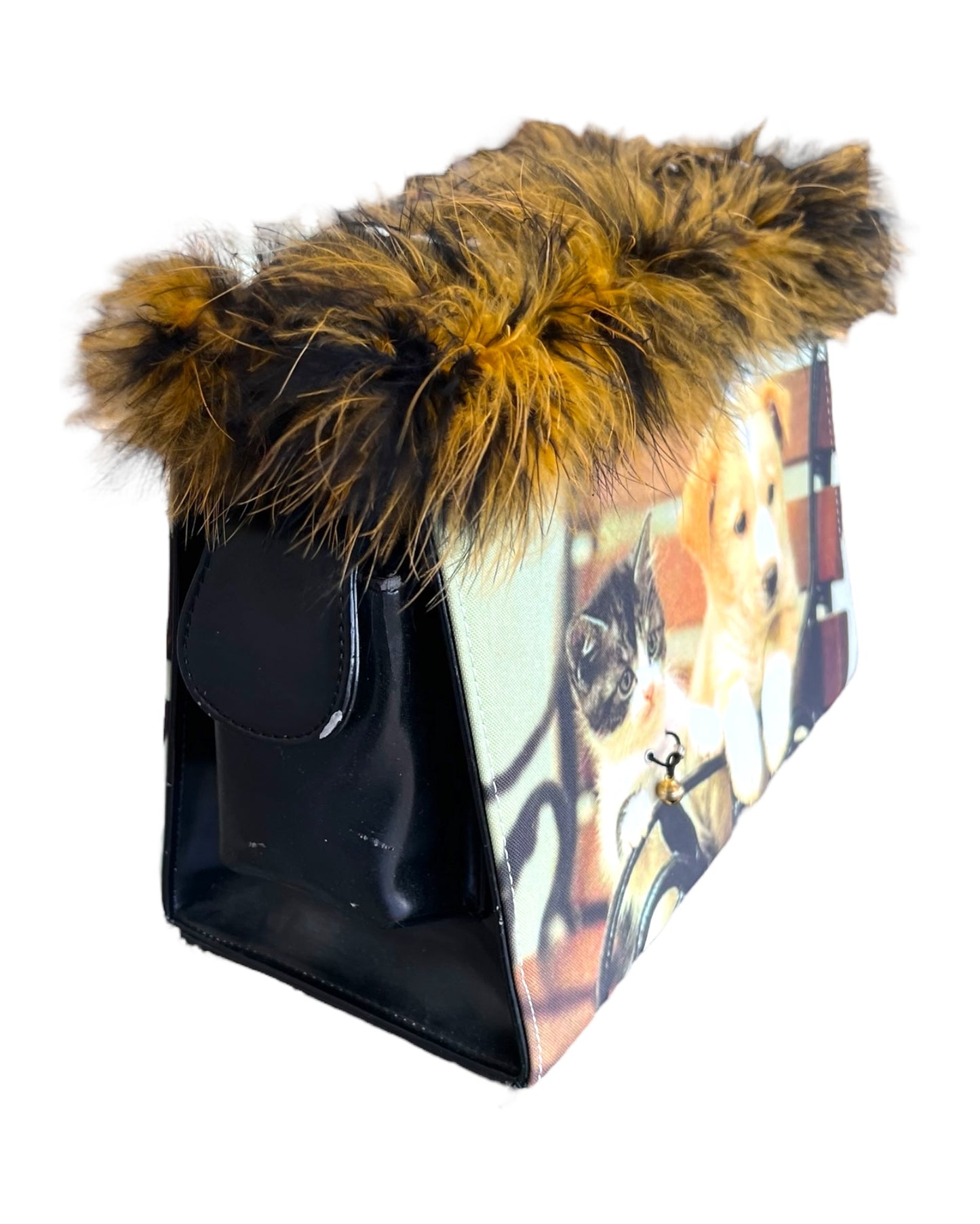 Vintage Graphic Animal Friends Bag with Feather Trim. Image shows side cell phone pocket.