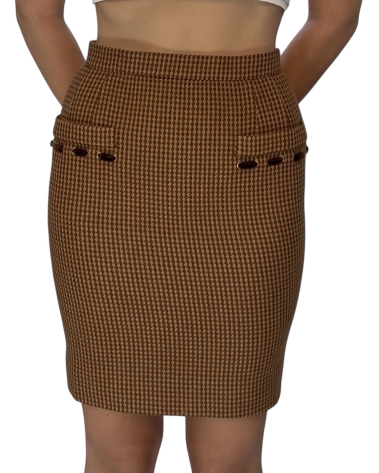 Vintage 1980s Valentino Brown Houndstooth Wool Pencil Skirt