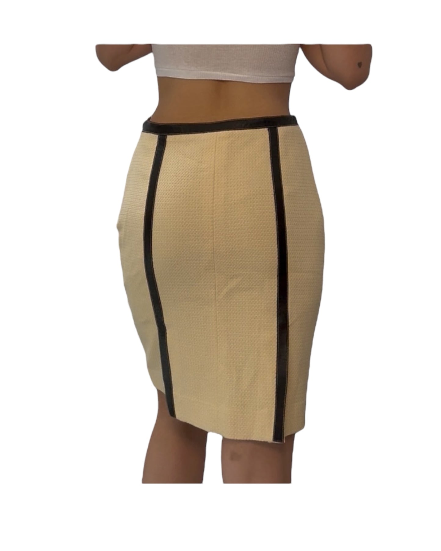 Vintage Beige Pencil Skirt with Leather Details