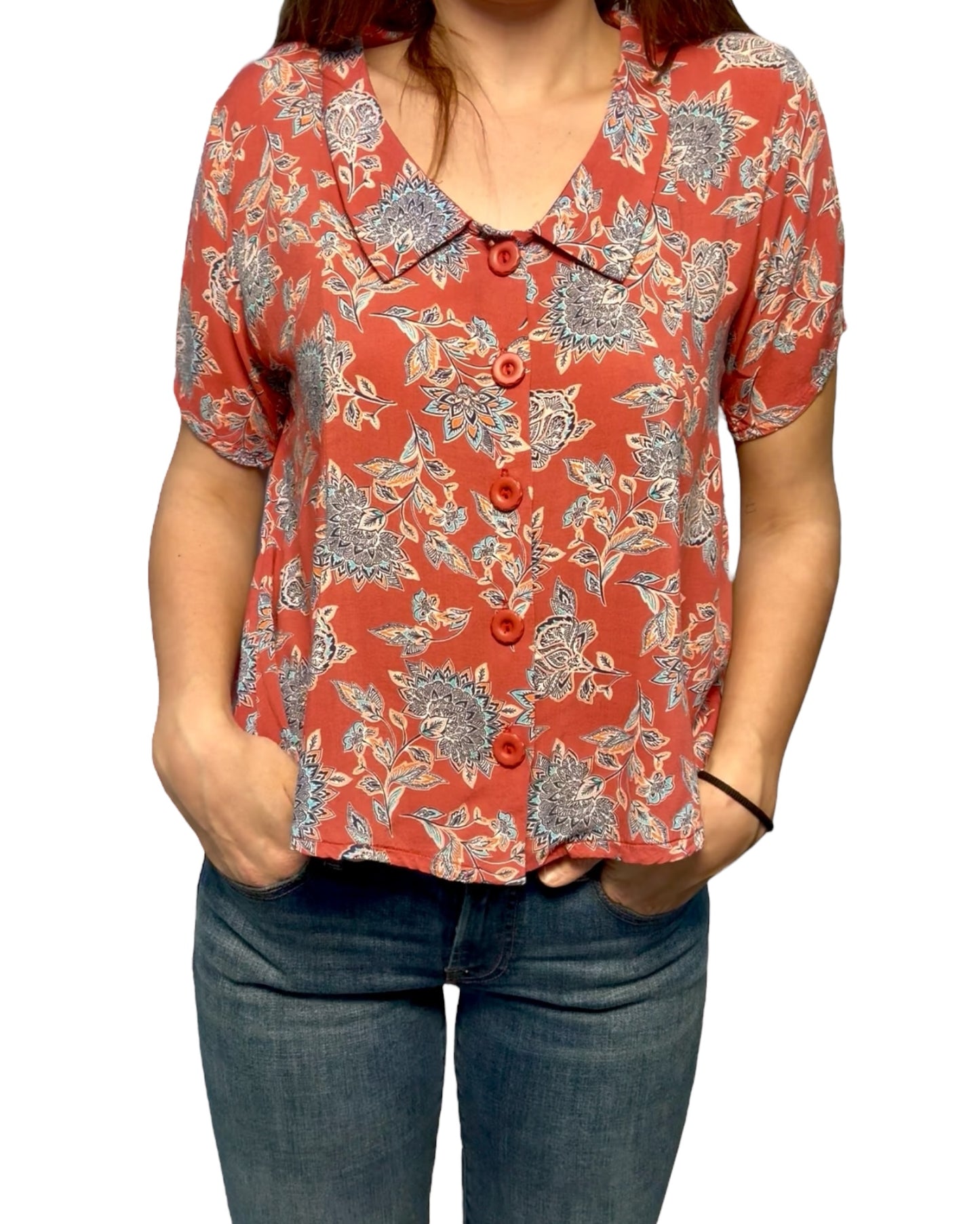 Vintage Red and Blue Floral Cropped Blouse