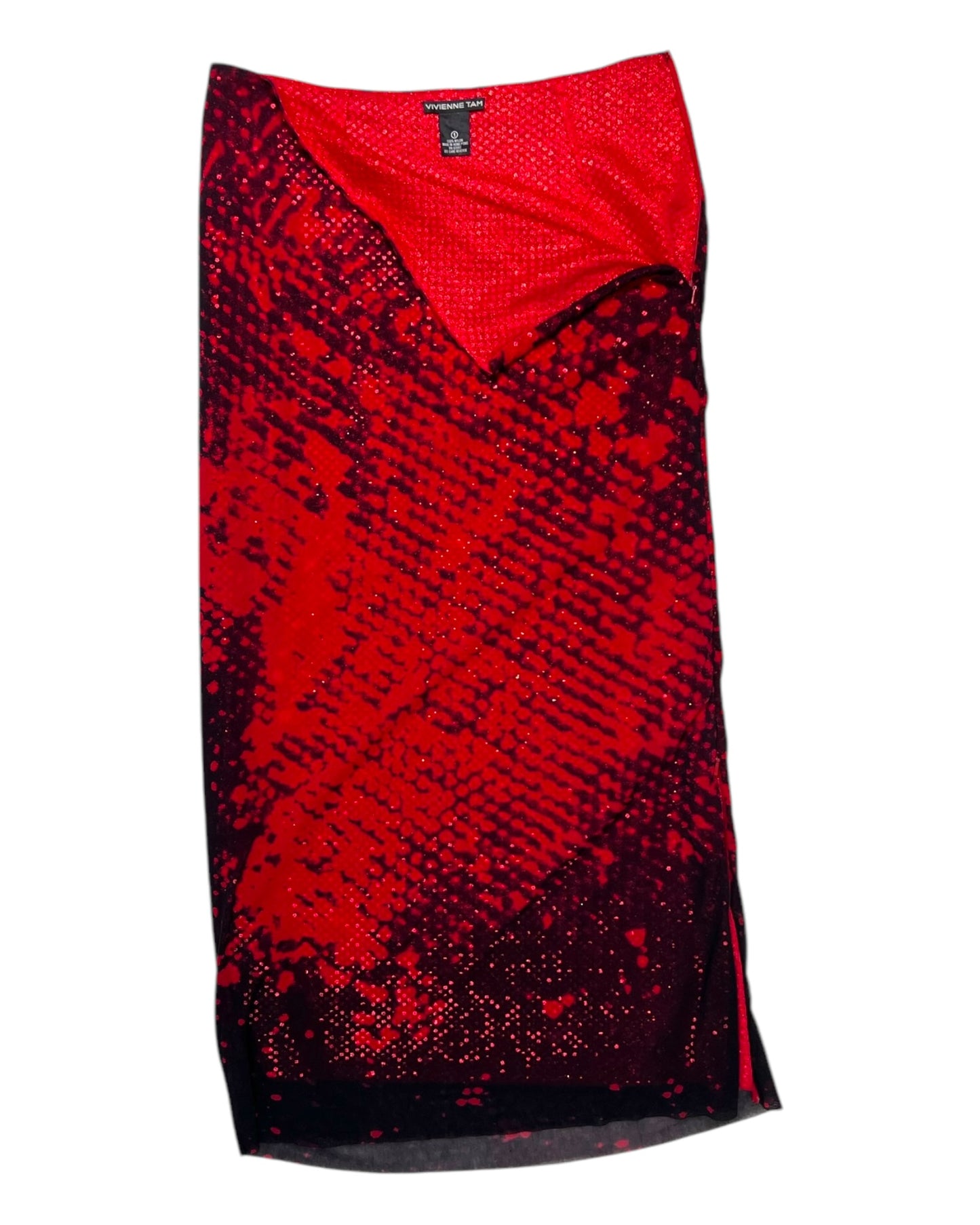 Vintage Vivienne Tam Red and Black Sequin Maxi Skirt with Adjustable Zipper Slit