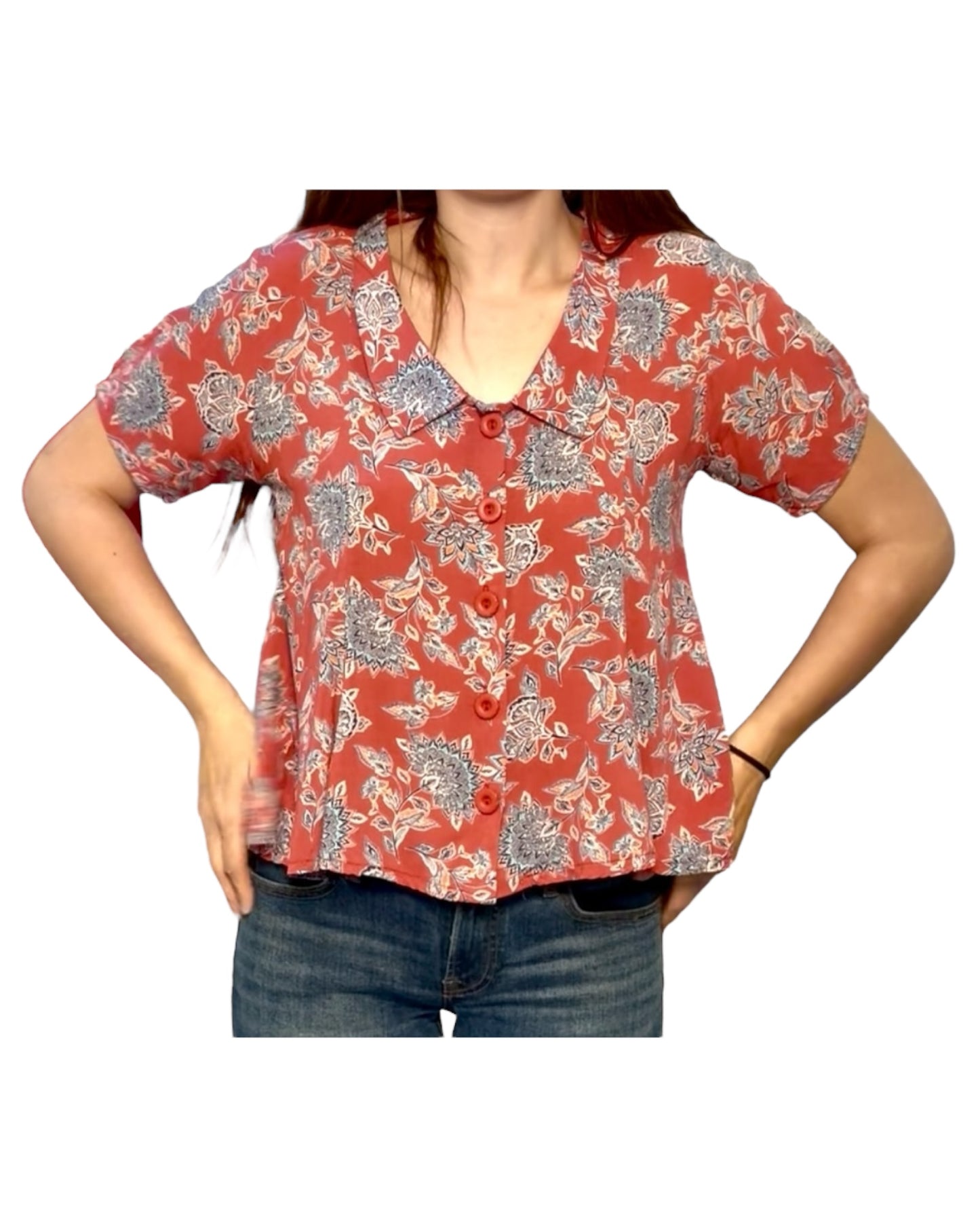 Vintage Red and Blue Floral Cropped Blouse