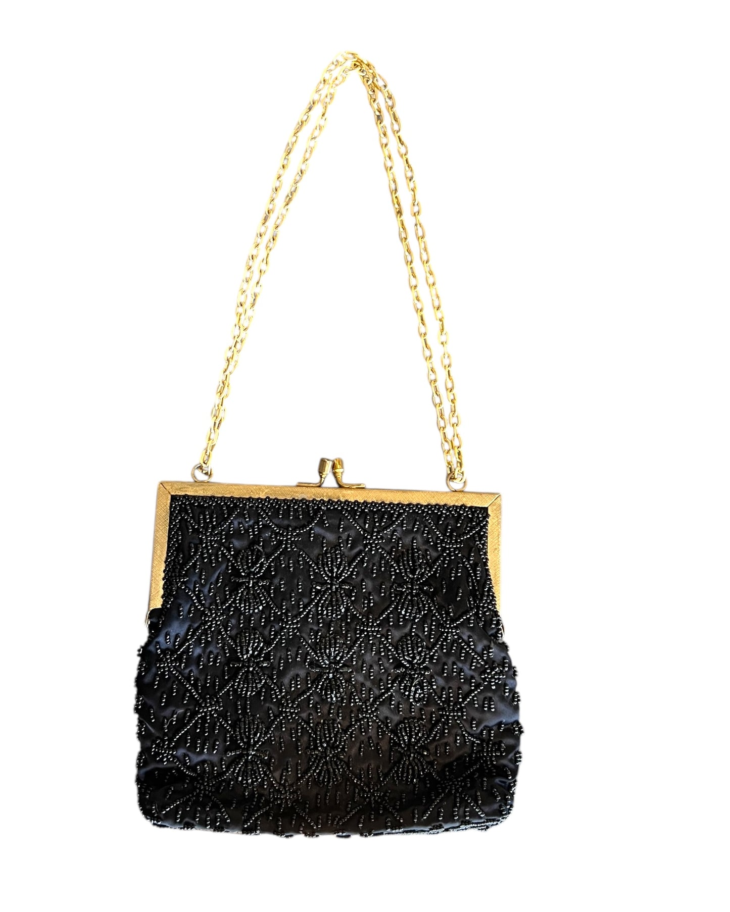 Vintage Beaded Black Satin Clasp Bag with Adjustable Chain Strap