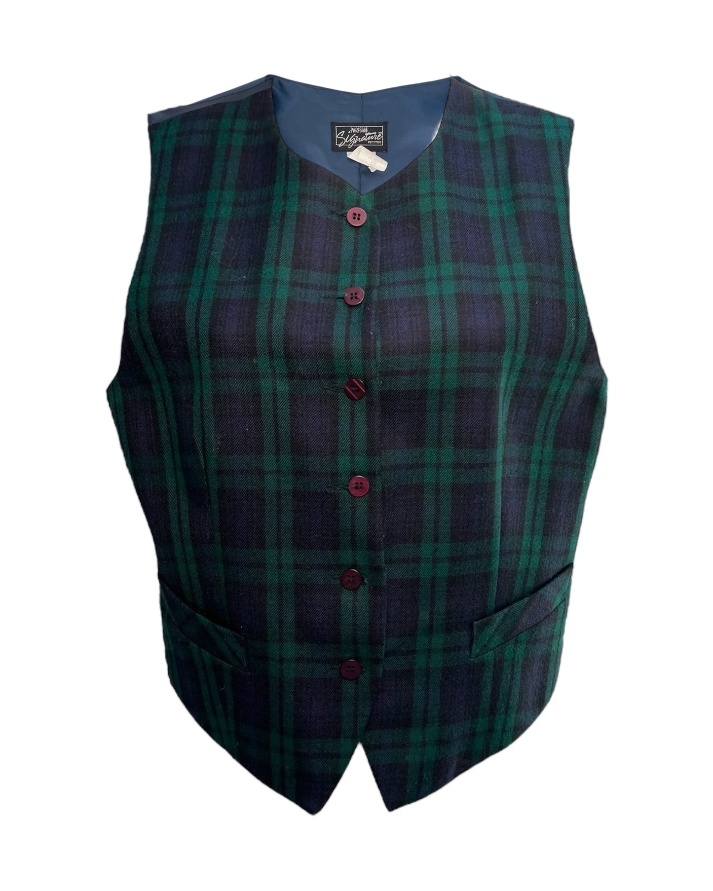 Vintage Navy Blue and Green Plaid Wool Vest