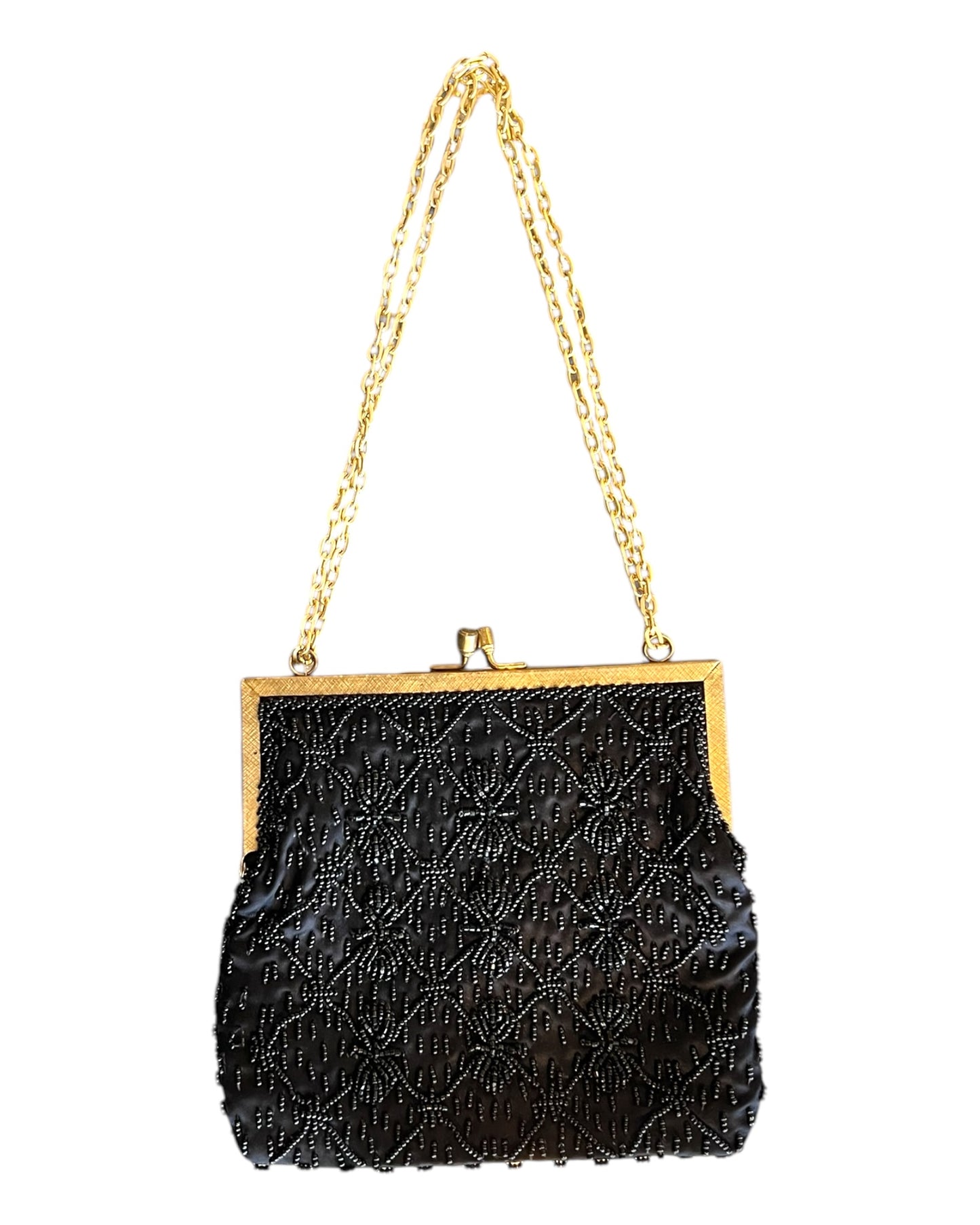 Vintage Beaded Black Satin Clasp Bag with Adjustable Chain Strap