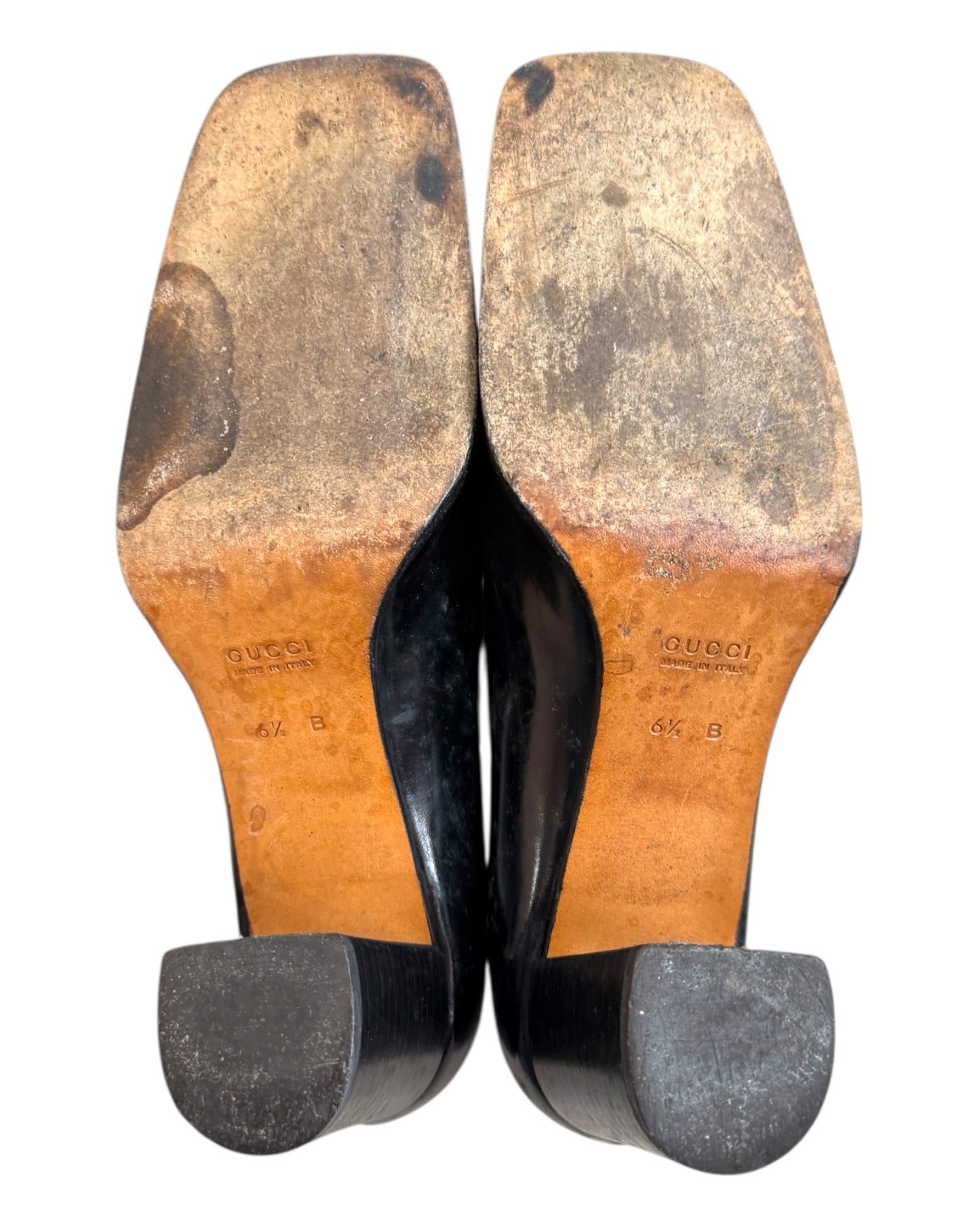 Vintage Gucci Black Chunky Heels with Gold Buckle