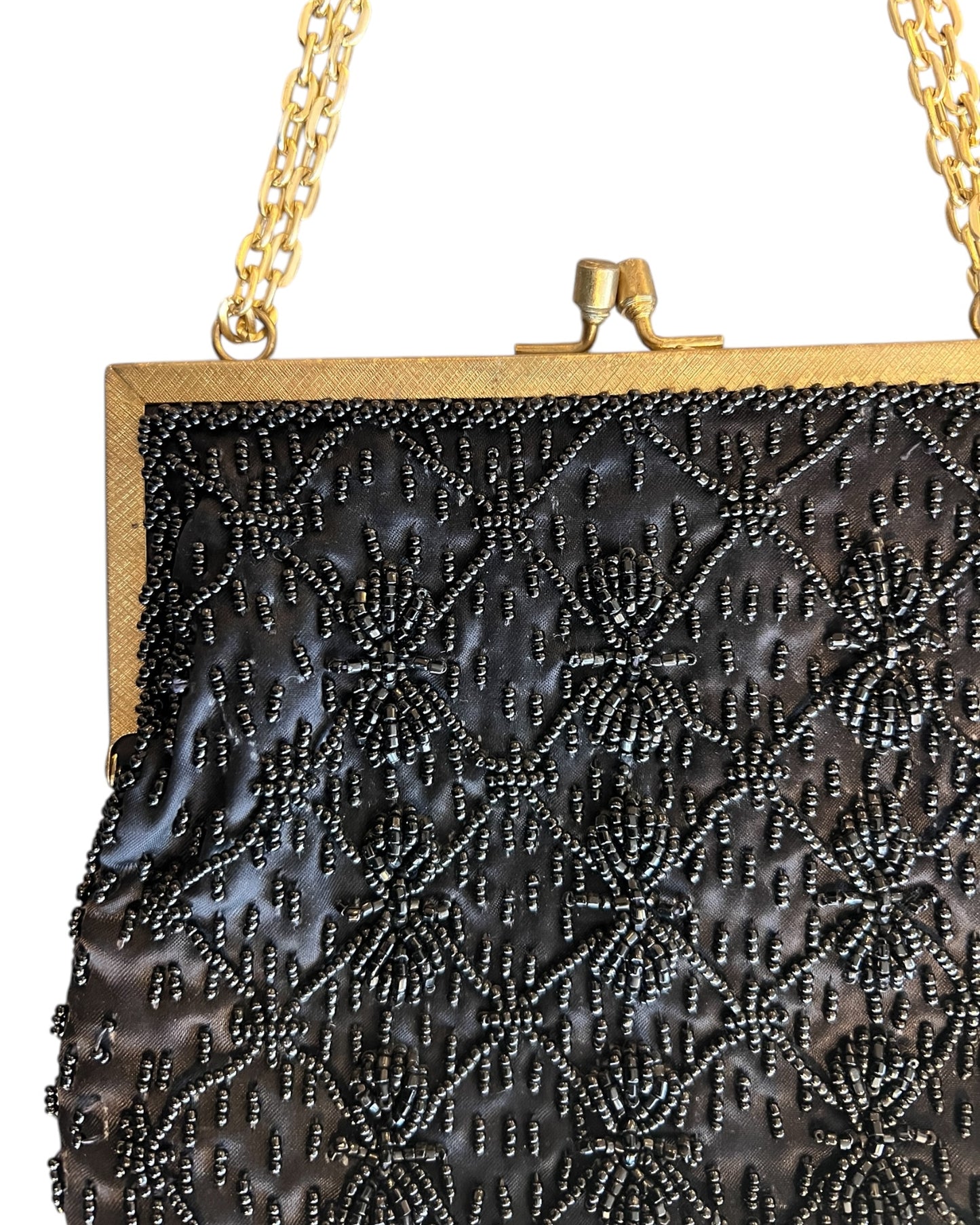 Vintage Beaded Black Satin Clasp Bag with Adjustable Chain Strap