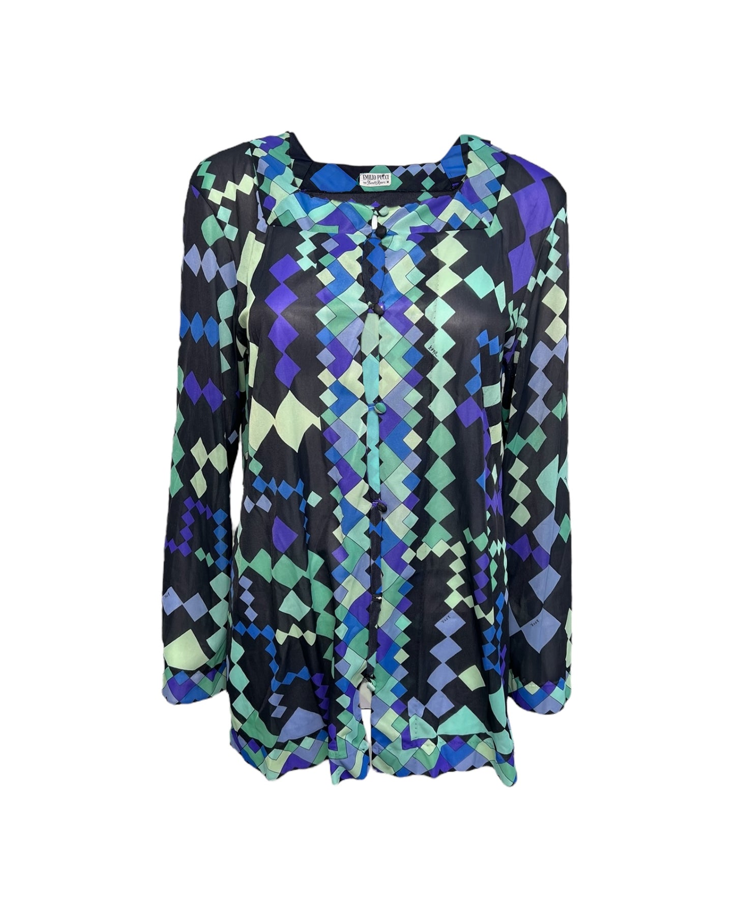 Vintage Emilio Pucci Blue Geometric Sheer Blouse