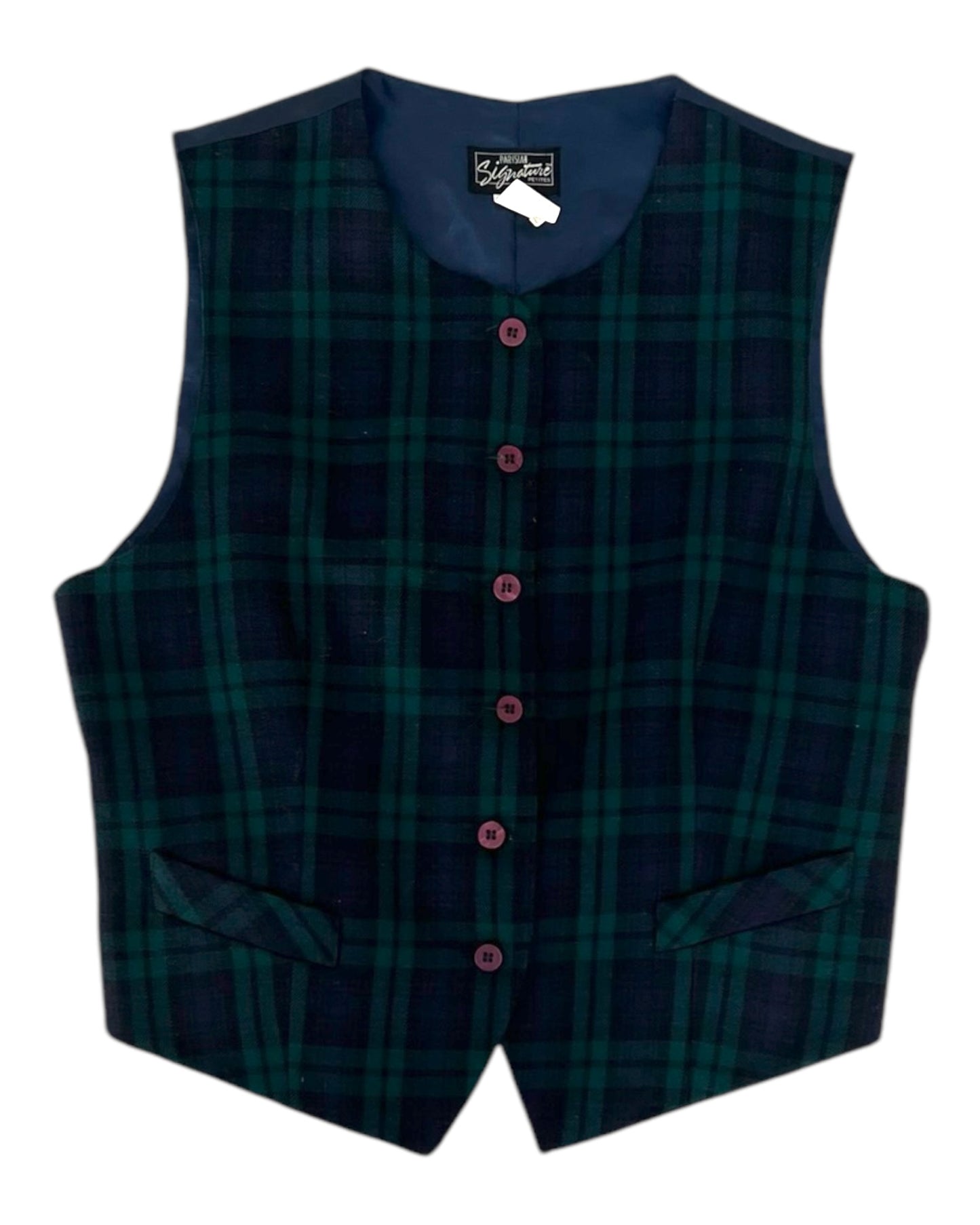 Vintage Navy Blue and Green Plaid Wool Vest