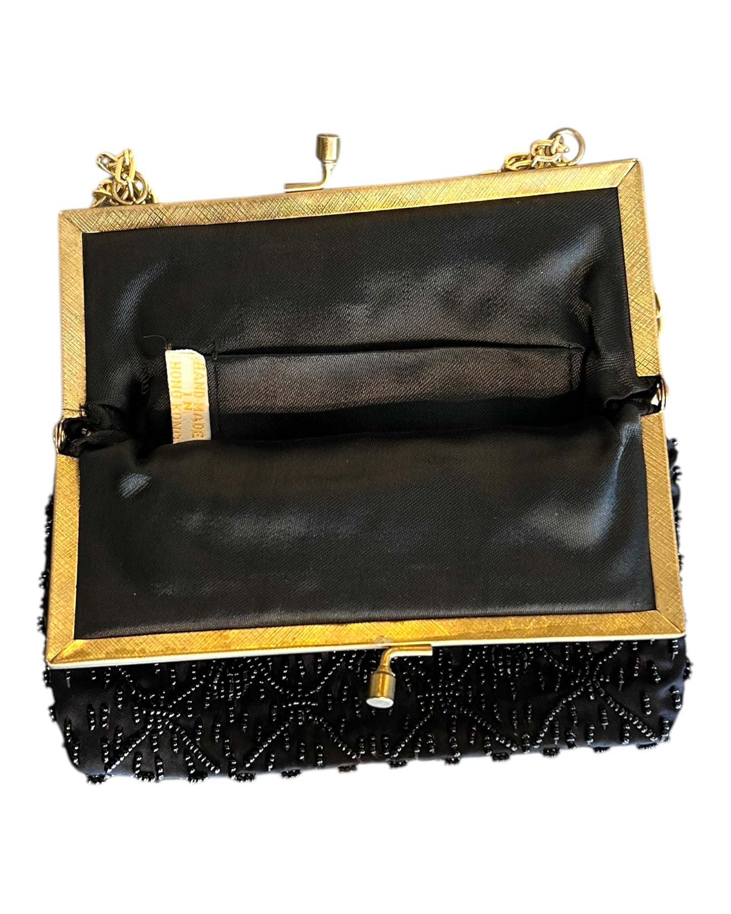Vintage Beaded Black Satin Clasp Bag with Adjustable Chain Strap