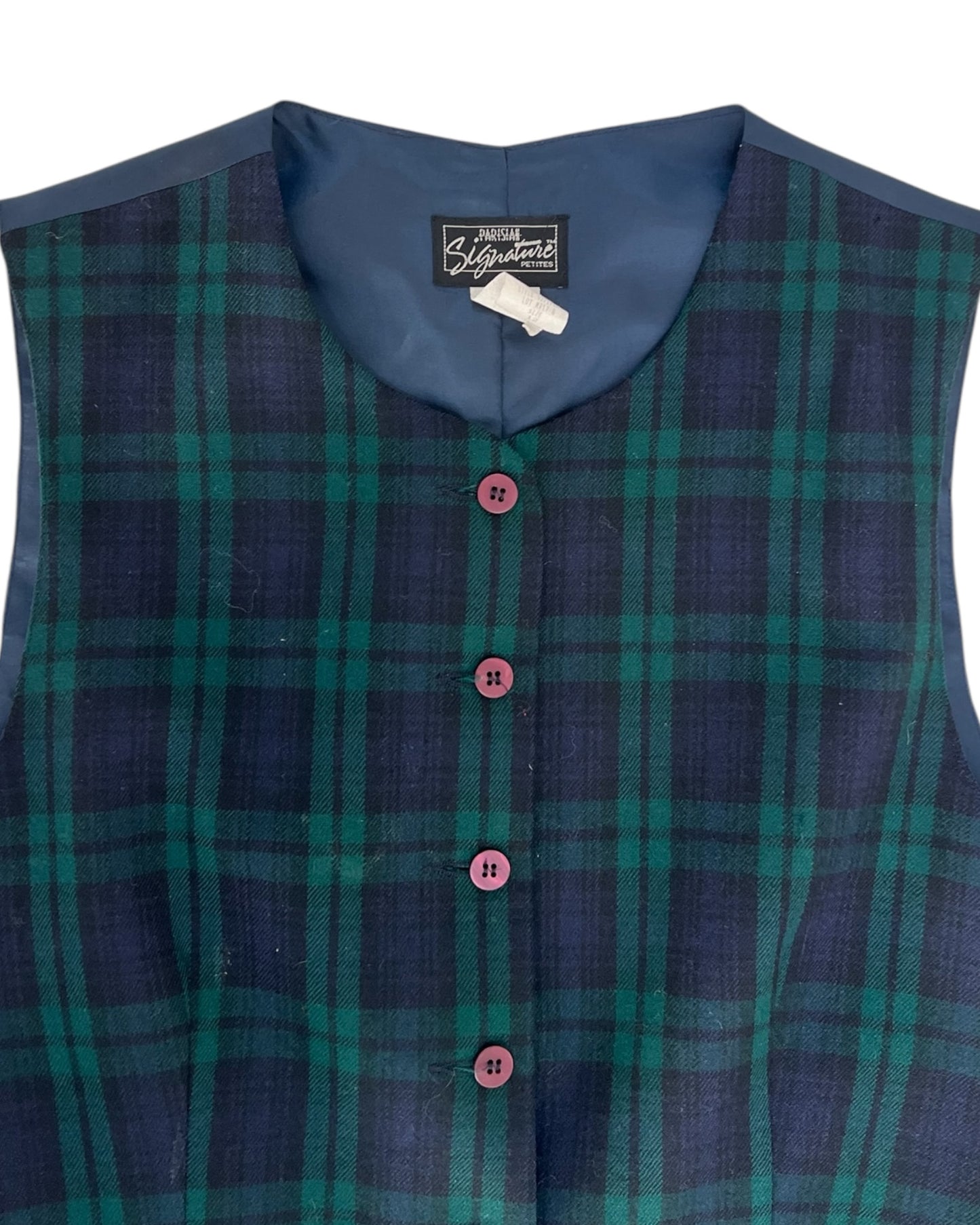 Vintage Navy Blue and Green Plaid Wool Vest