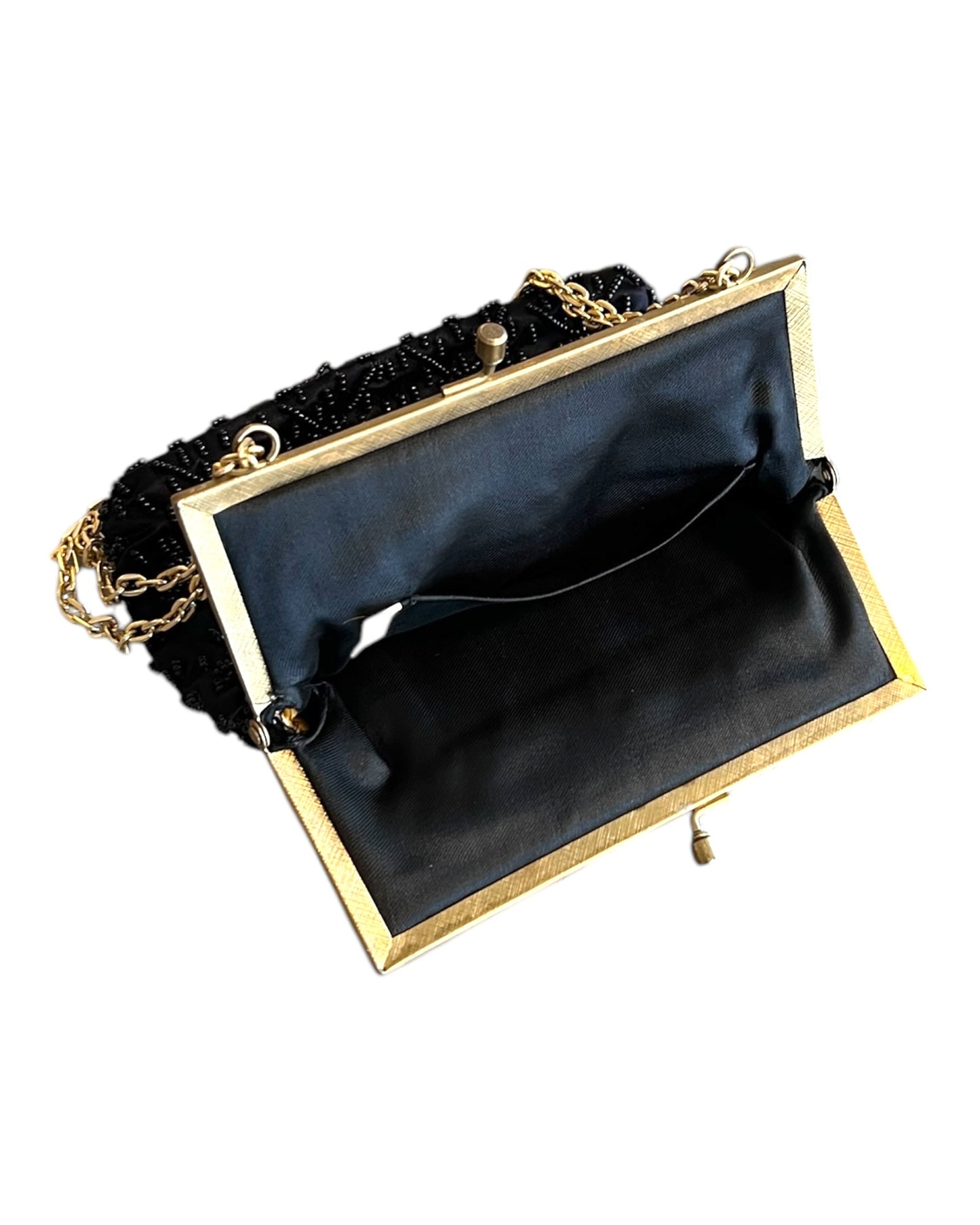 Vintage Beaded Black Satin Clasp Bag with Adjustable Chain Strap