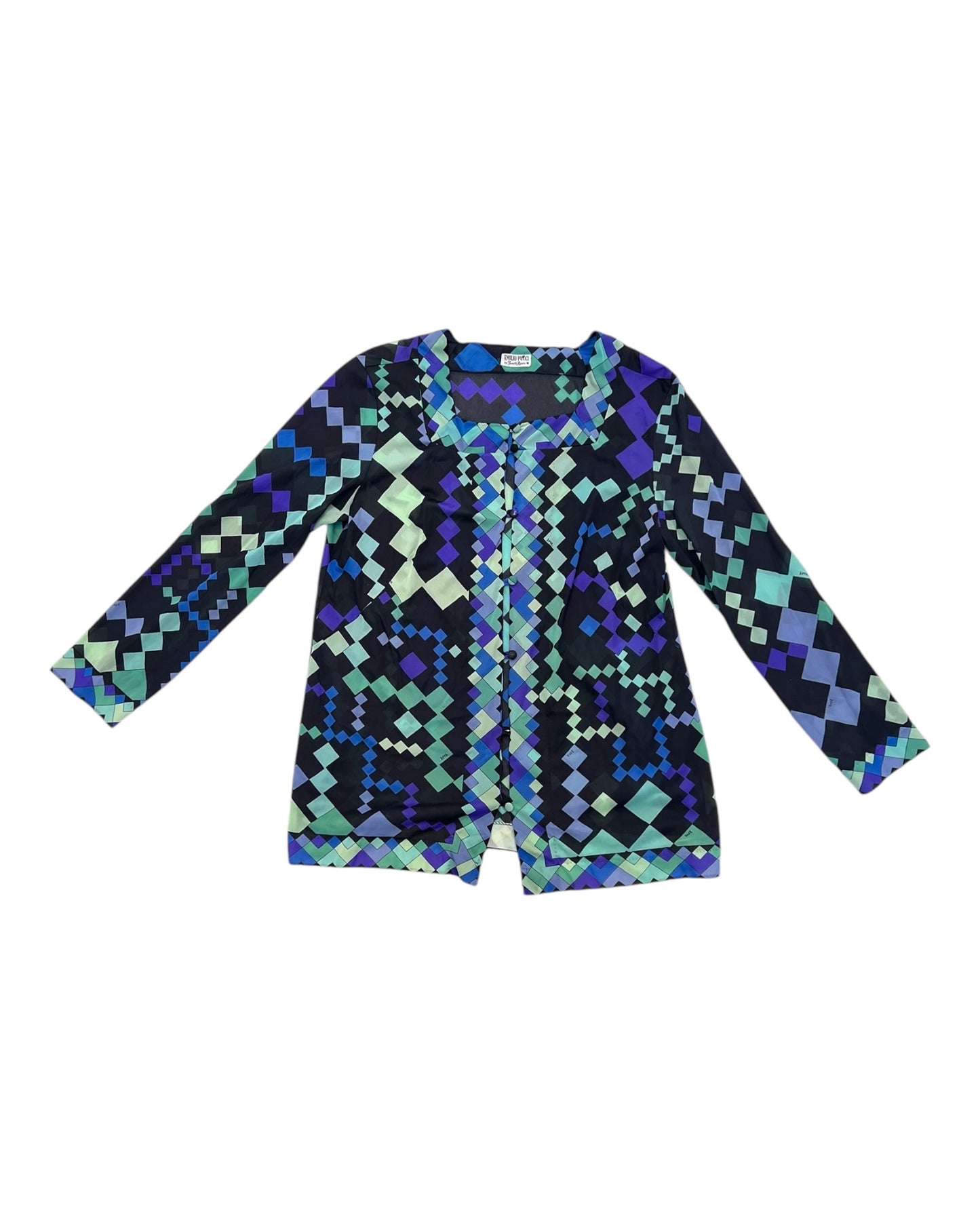 Vintage Emilio Pucci Blue Geometric Sheer Blouse