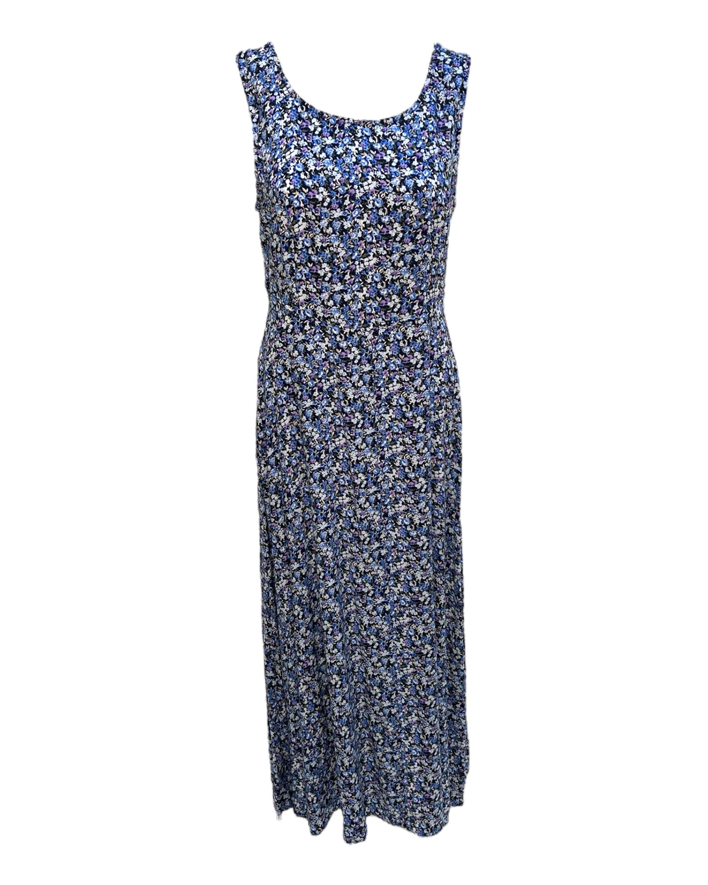 Vintage Blue Floral Maxi Dress with Adjustable Waist Tie