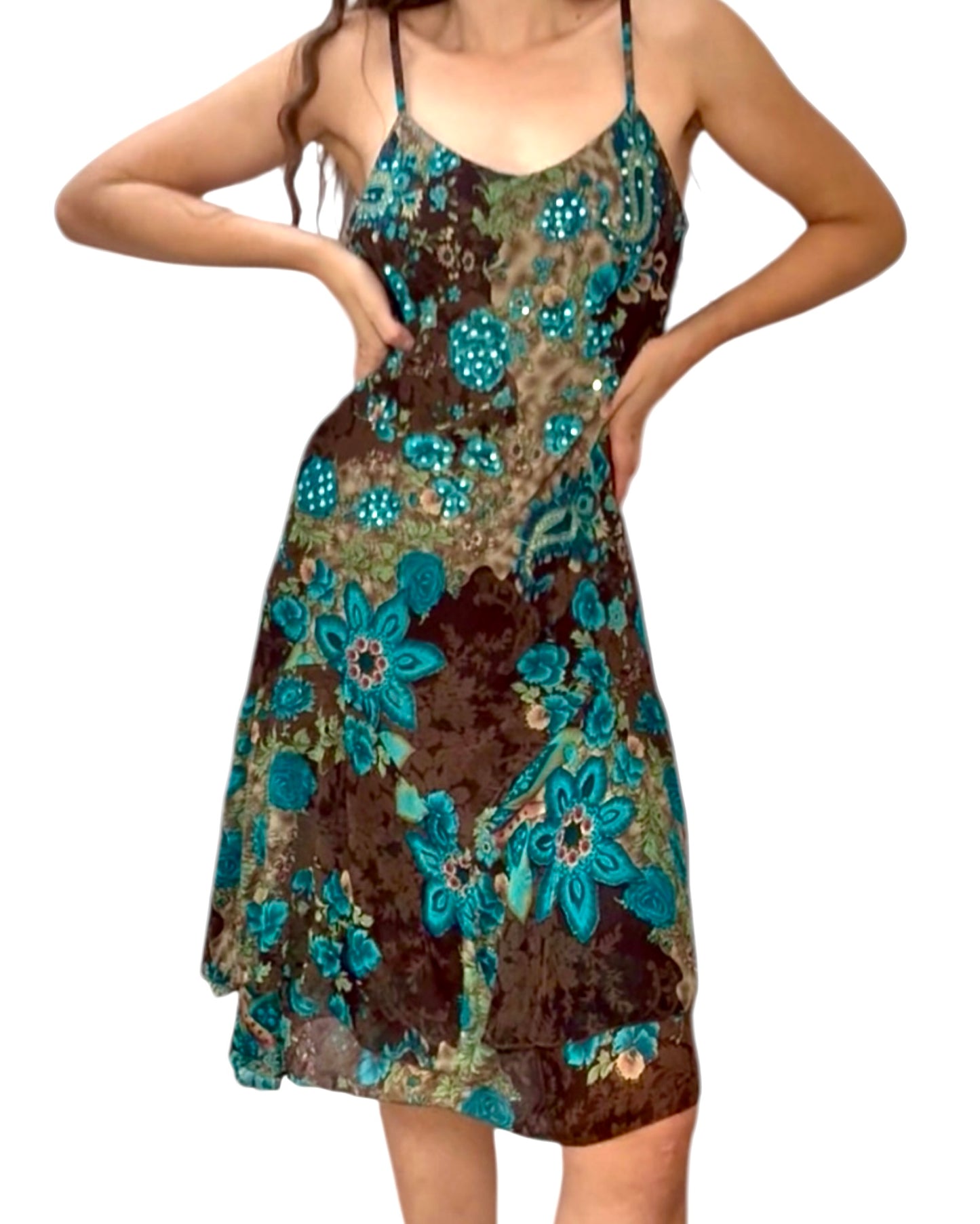 Floral dress with blue and green patterns on a white background