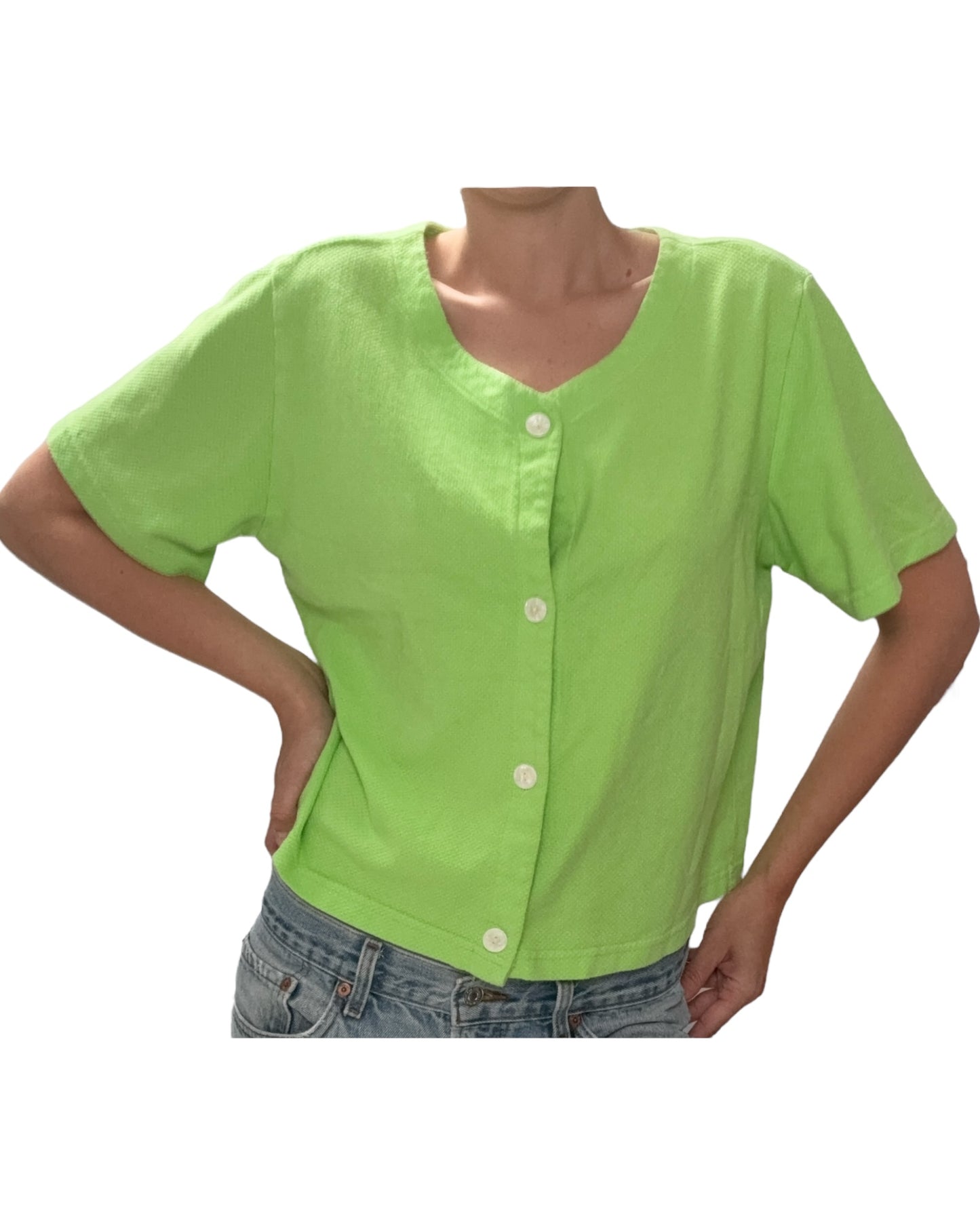 Vintage Lime Green Cropped Button-Up Top