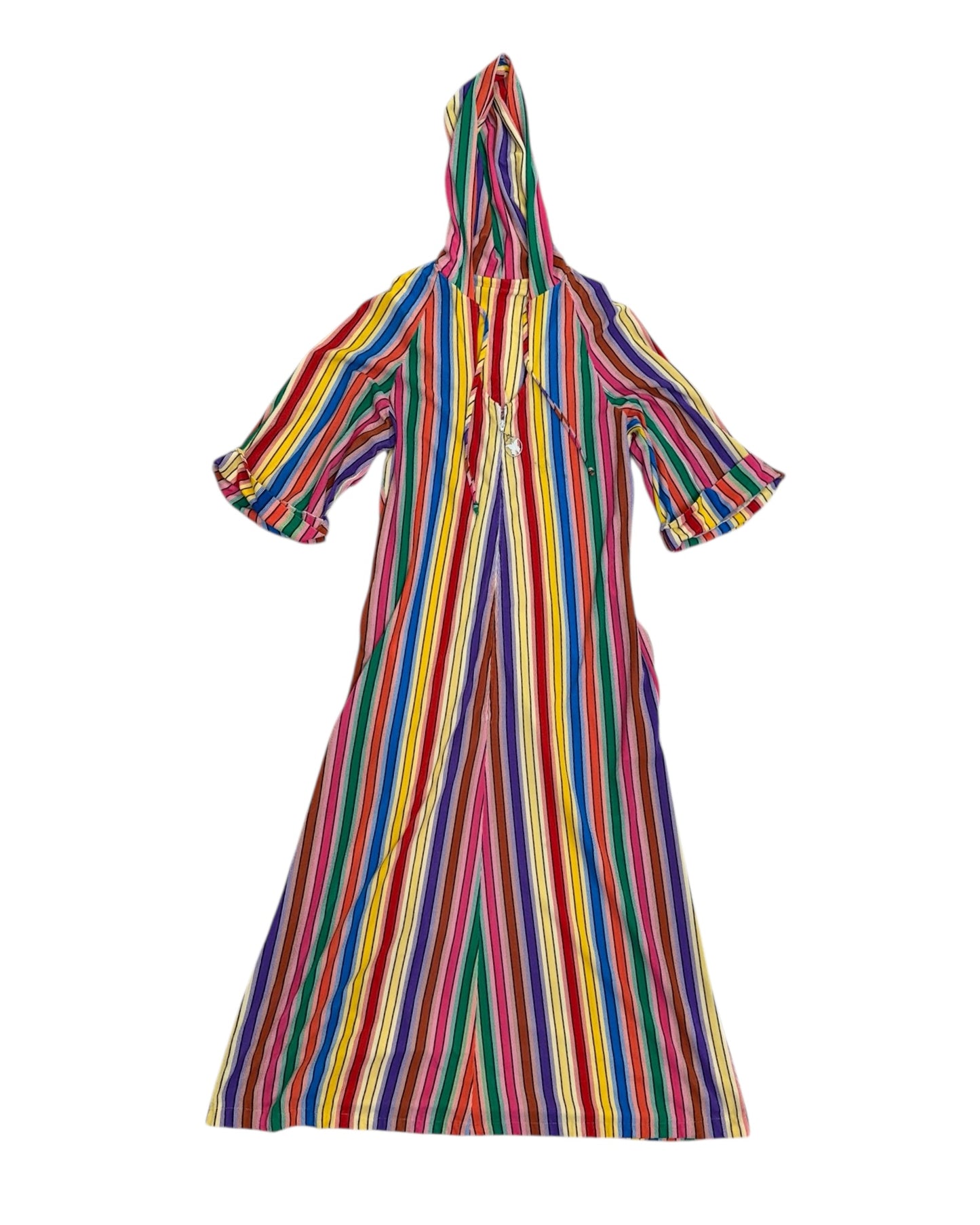 Vintage 1970s Rainbow Hooded Maxi Dress with Zipper