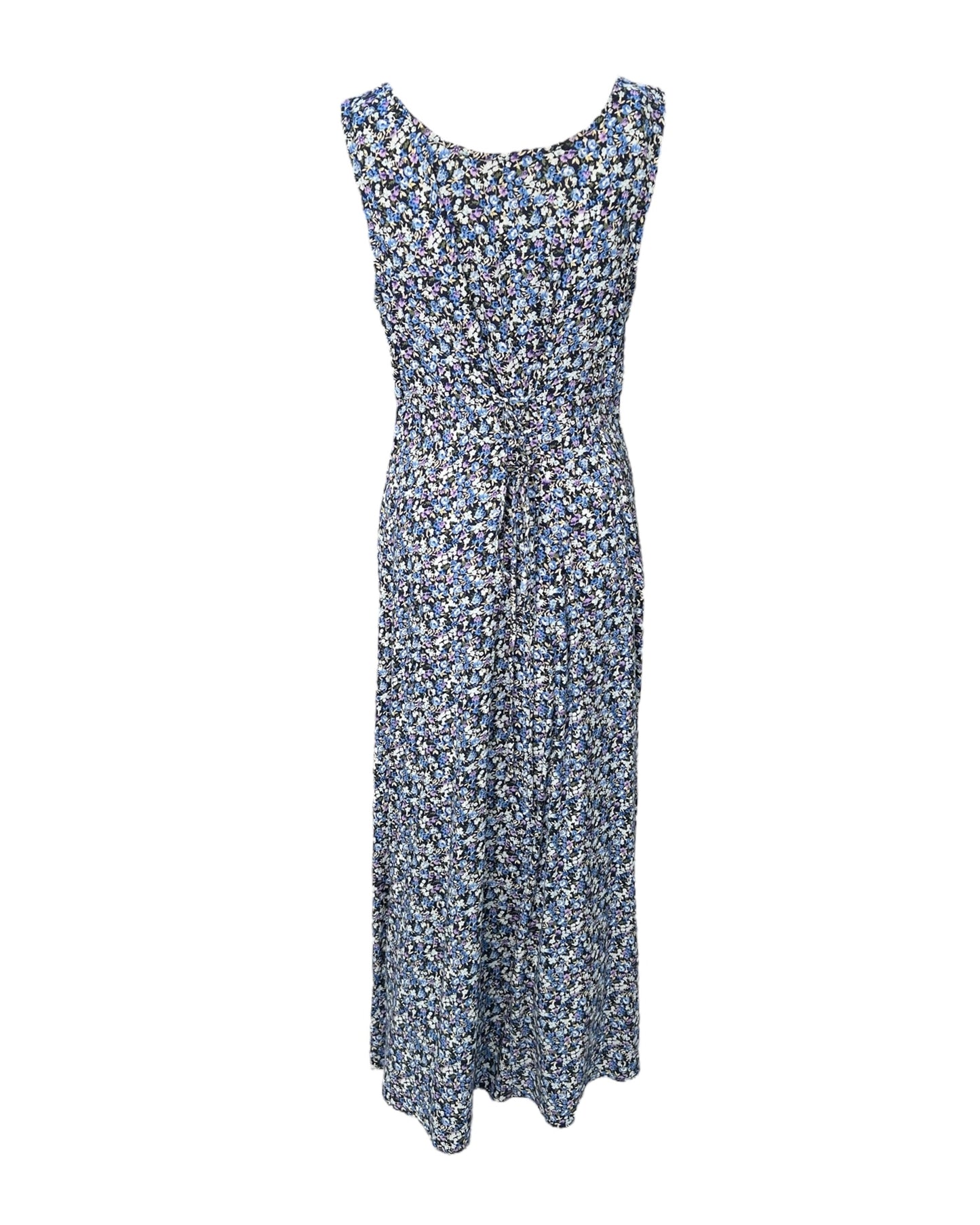 Vintage Blue Floral Maxi Dress with Adjustable Waist Tie