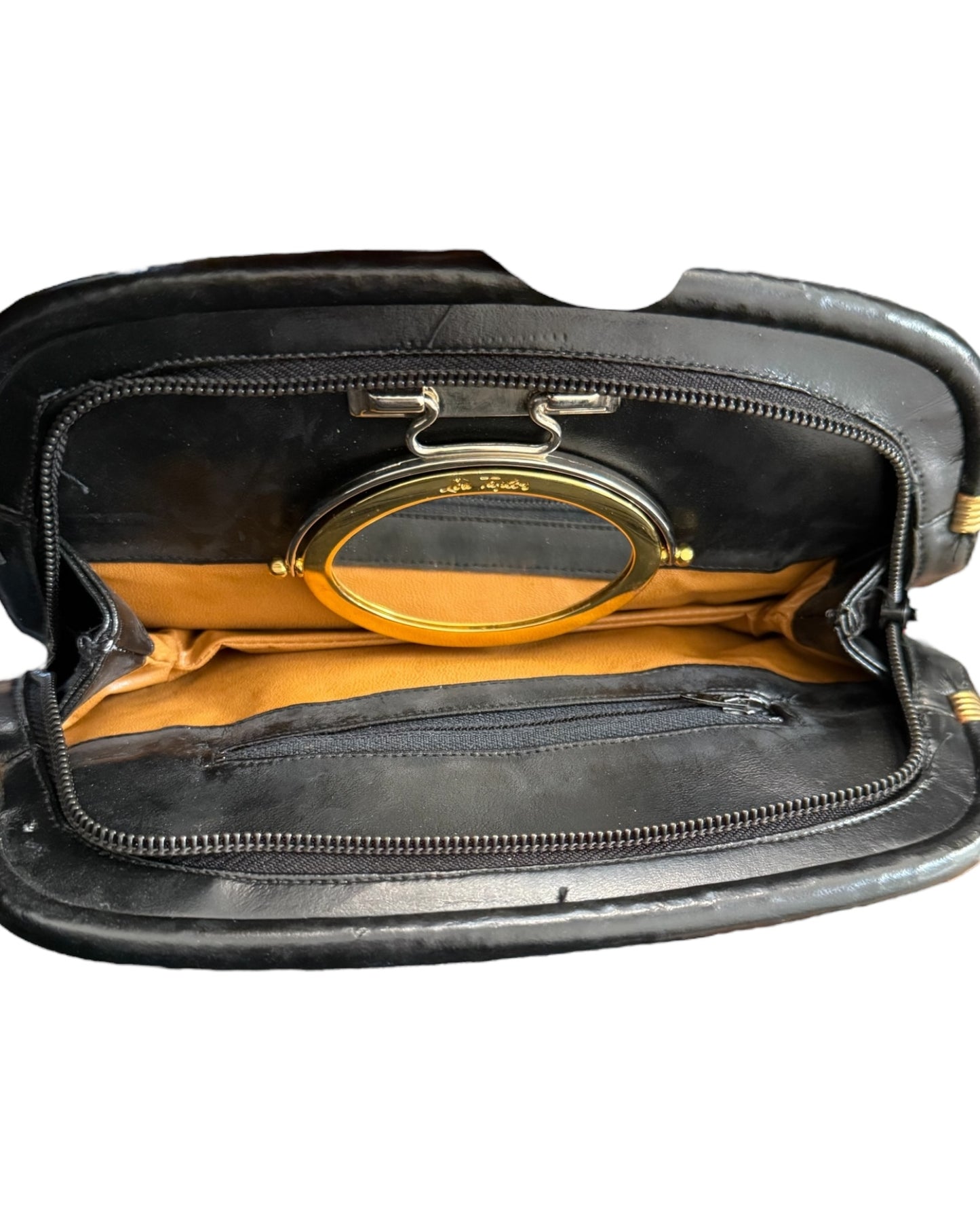 Vintage Black Leather Clutch with Mirror Attachment