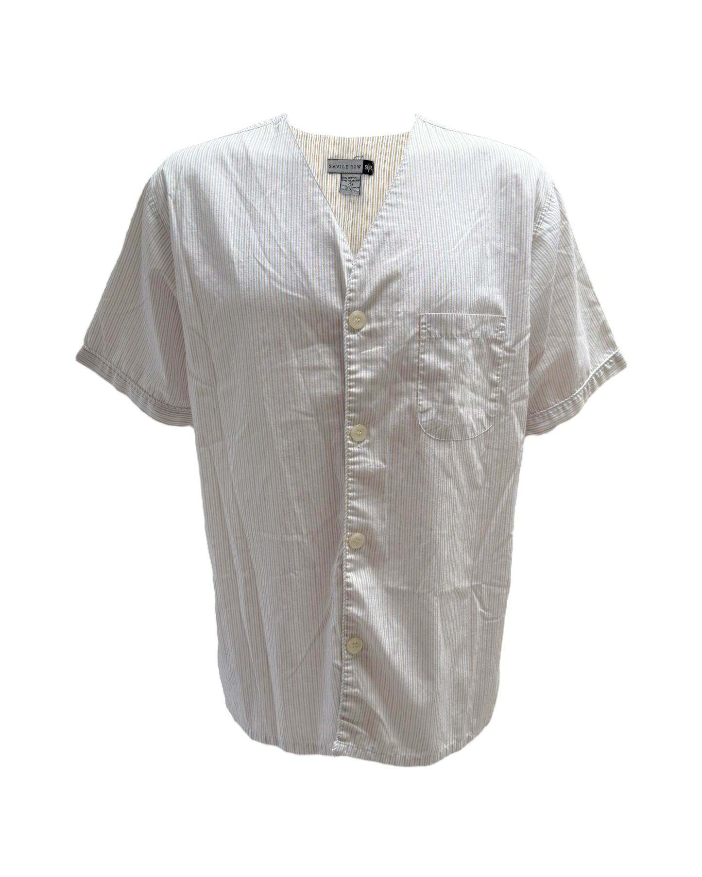 Vintage Collarless Cotton Stripe Short Sleeve Button-Up Top