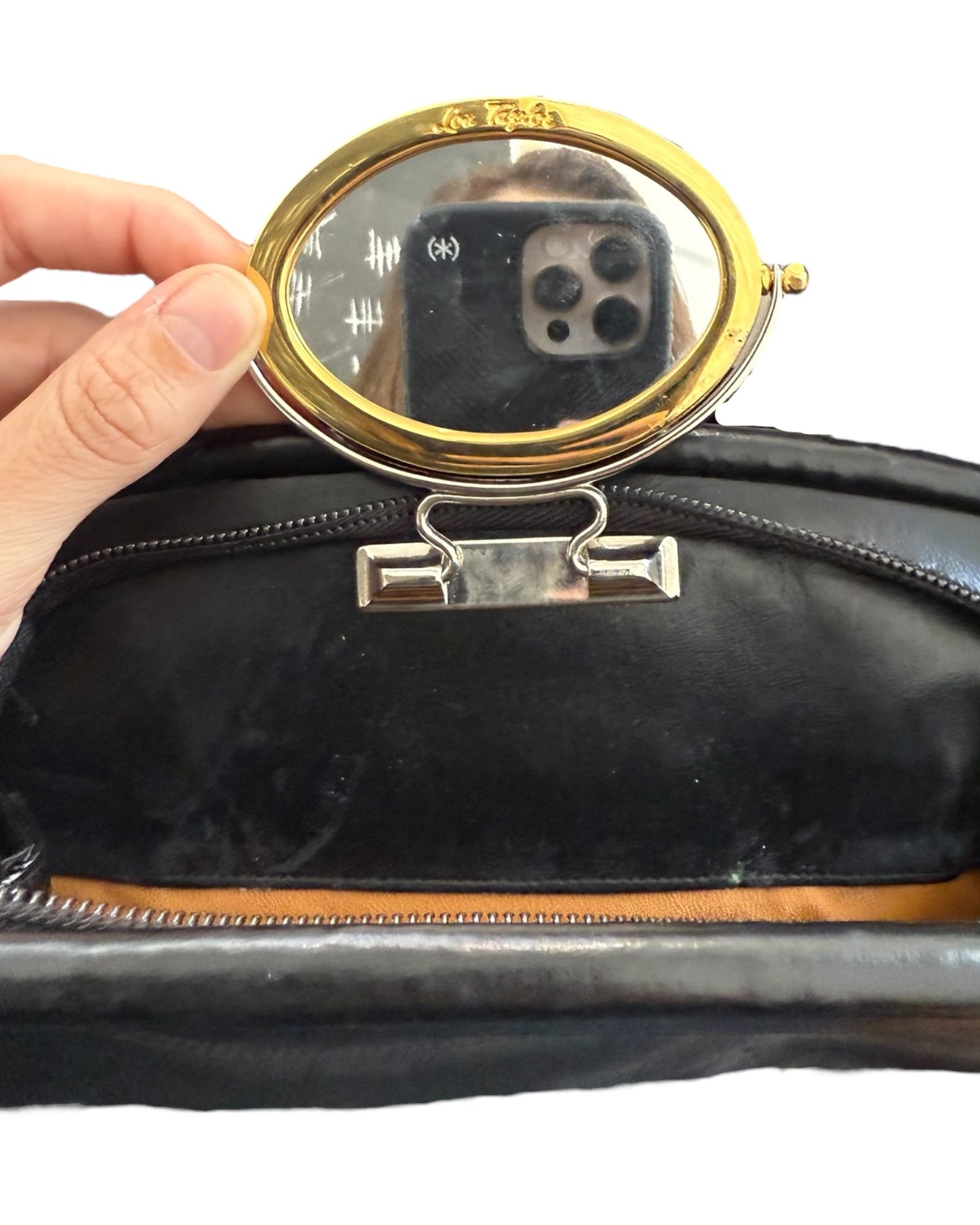 Vintage Black Leather Clutch with Mirror Attachment