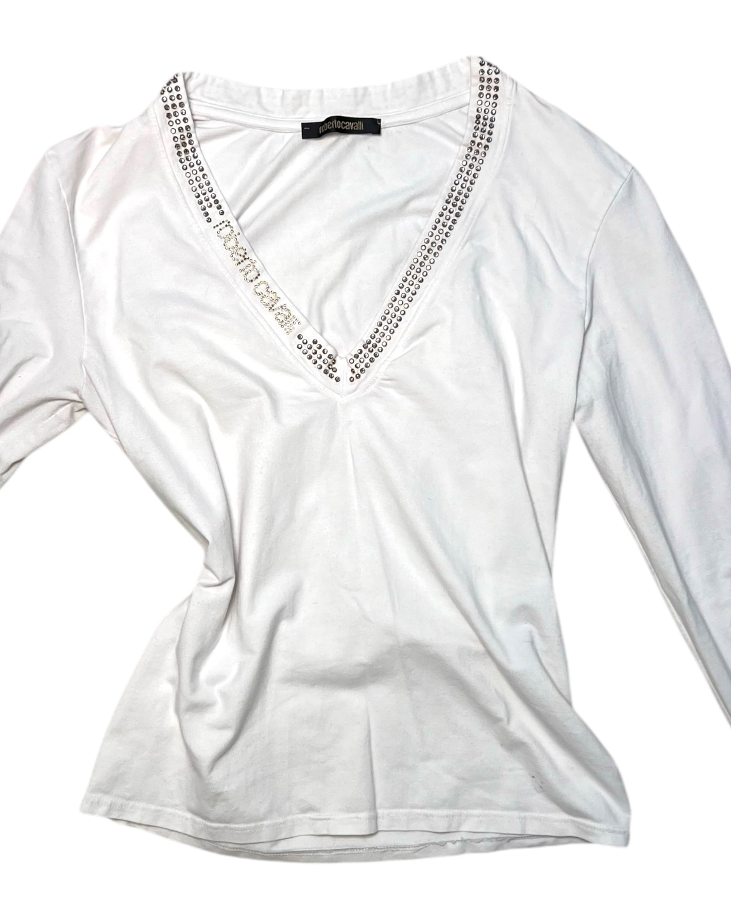 Vintage 2000 Roberto Cavalli Rhinestone Logo White Tee