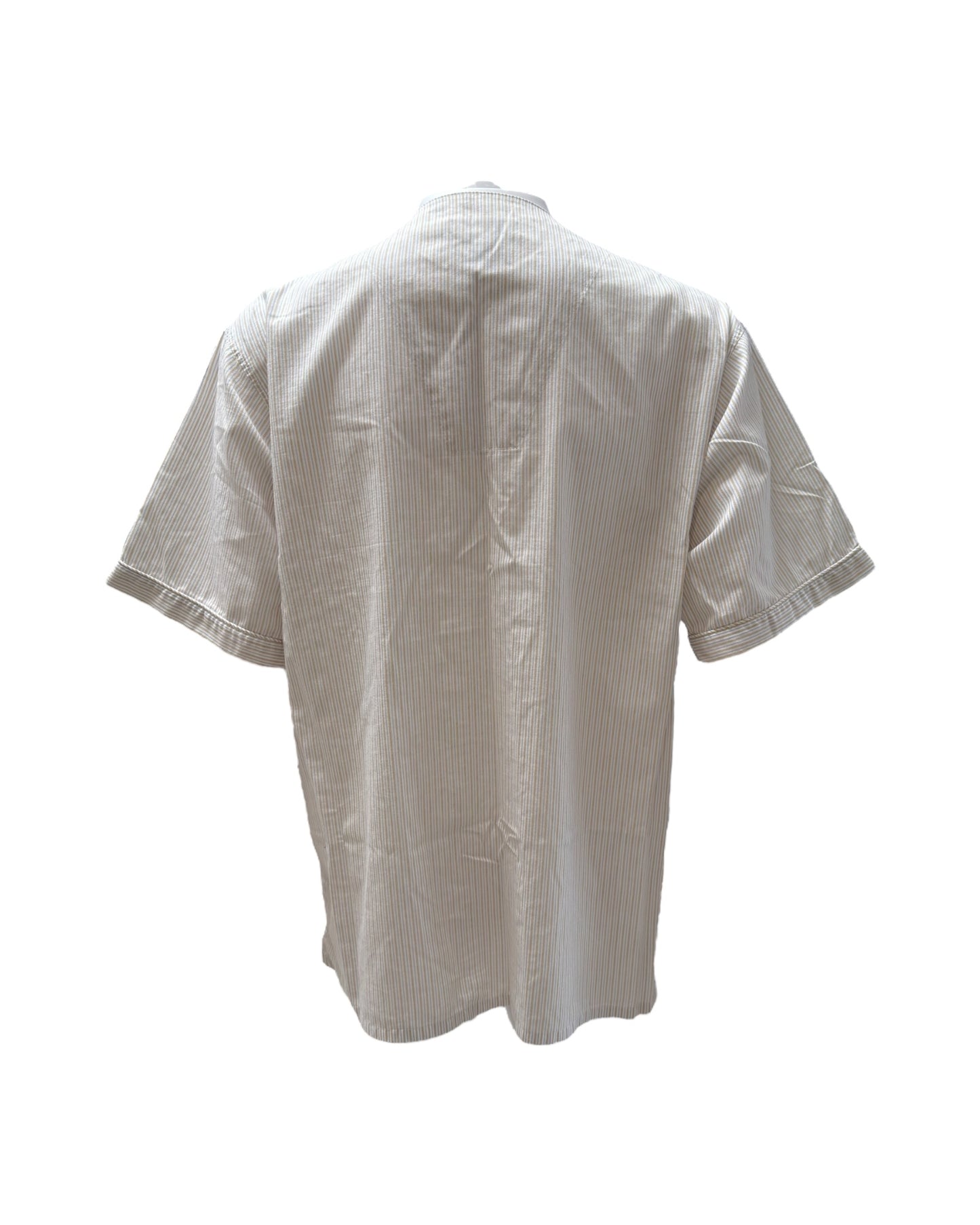 Vintage Collarless Cotton Stripe Short Sleeve Button-Up Top