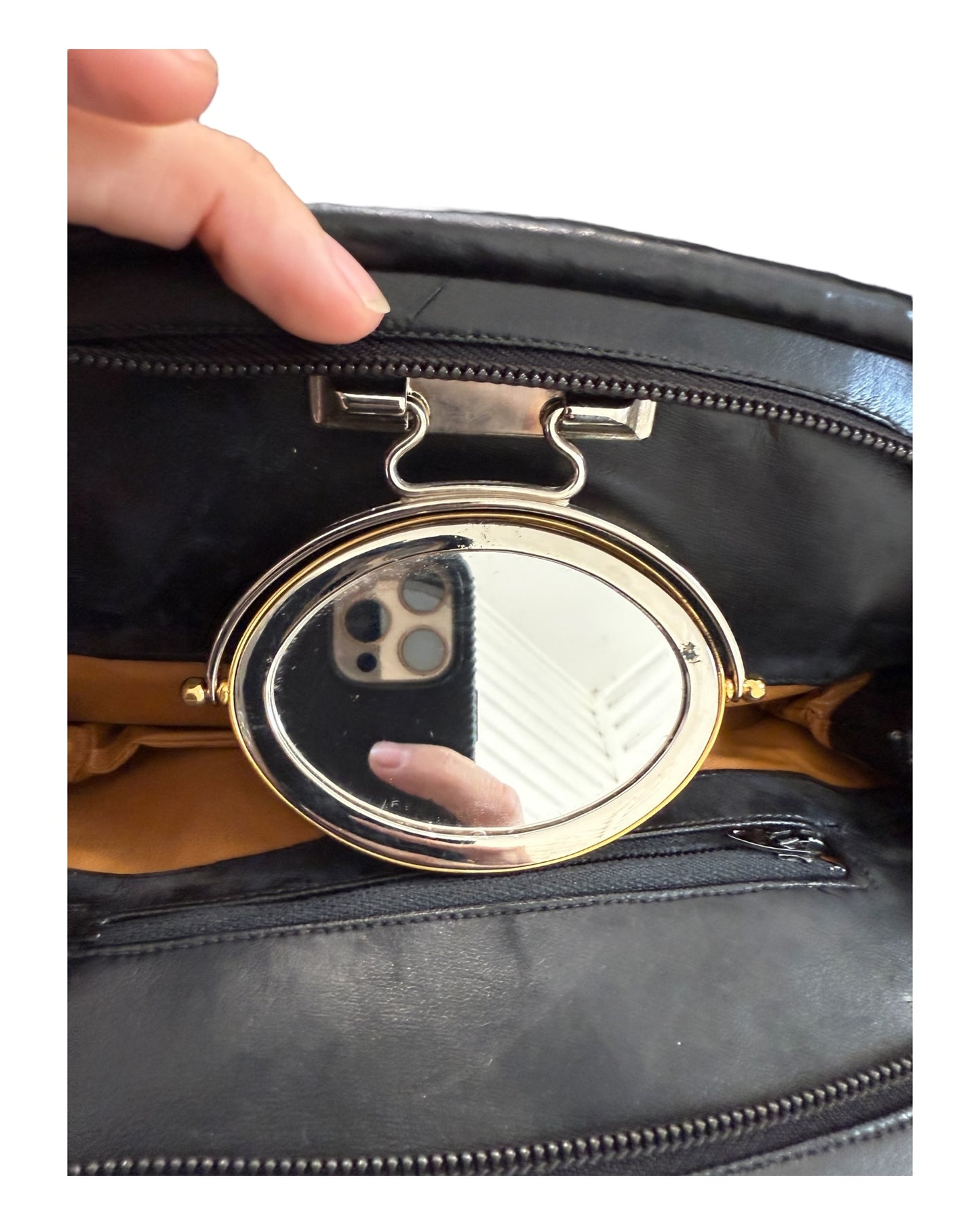 Vintage Black Leather Clutch with Mirror Attachment