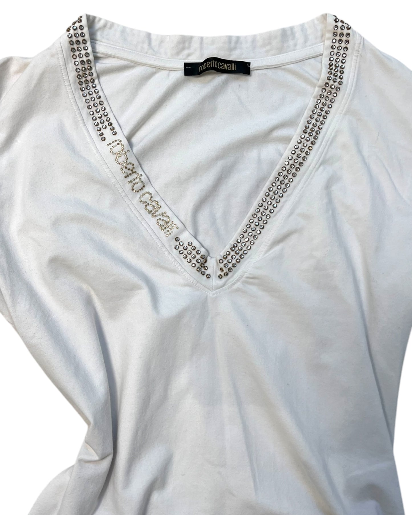 Vintage 2000 Roberto Cavalli Rhinestone Logo White Tee