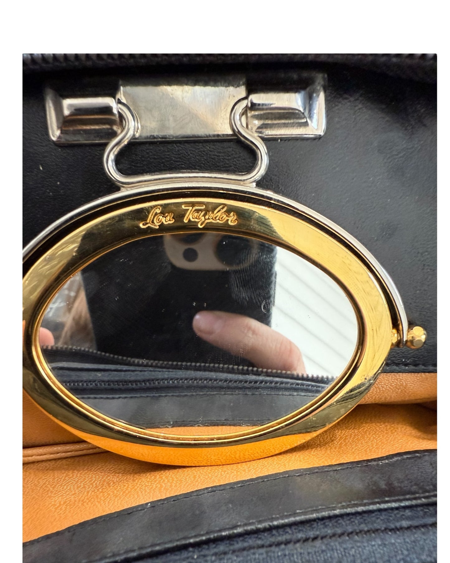 Vintage Black Leather Clutch with Mirror Attachment