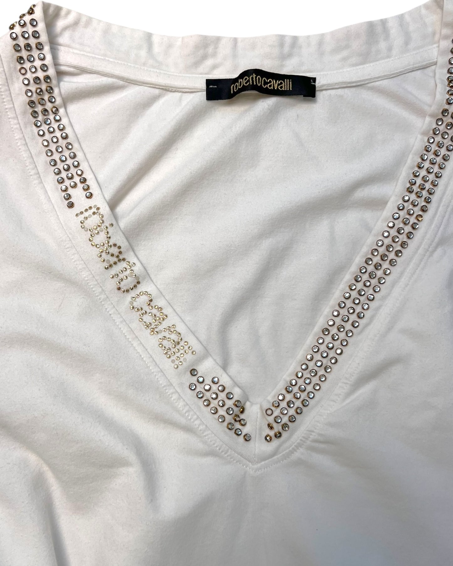 Vintage 2000 Roberto Cavalli Rhinestone Logo White Tee