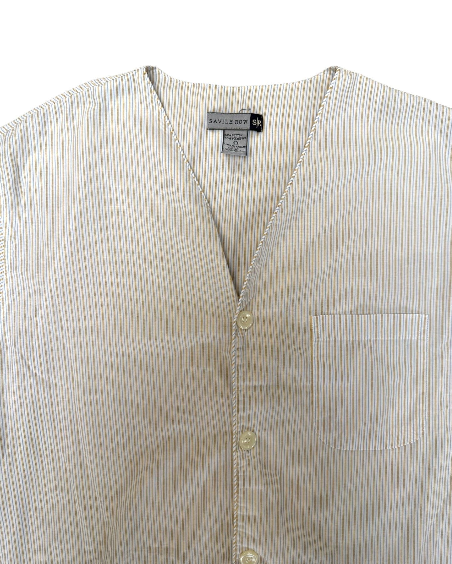 Vintage Collarless Cotton Stripe Short Sleeve Button-Up Top