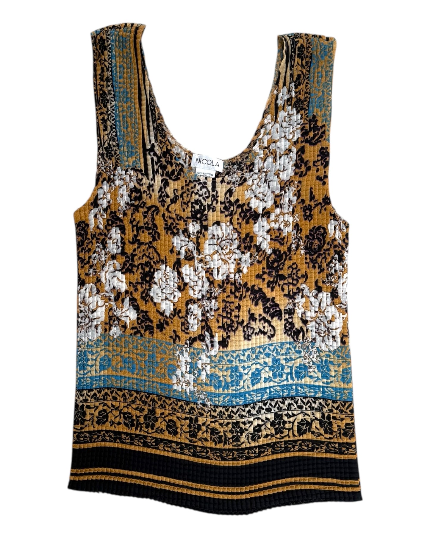 Patterned tank top with floral and geometric design on a white background