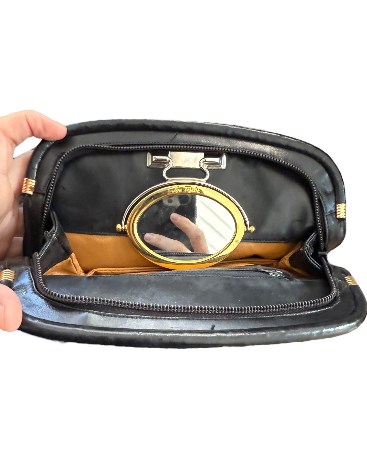 Vintage Black Leather Clutch with Mirror Attachment