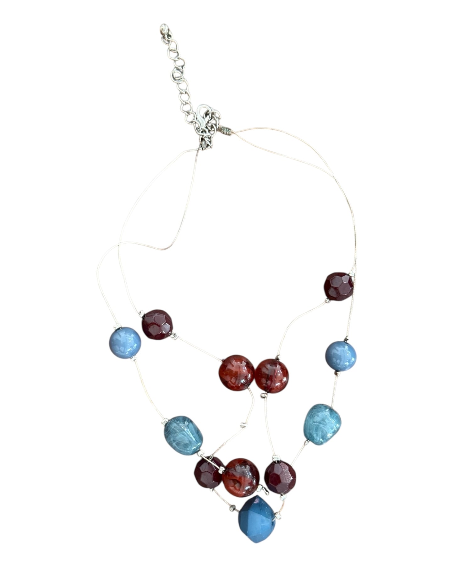 Vintage Blue and Red Beaded Tri-Layer Wire Necklace