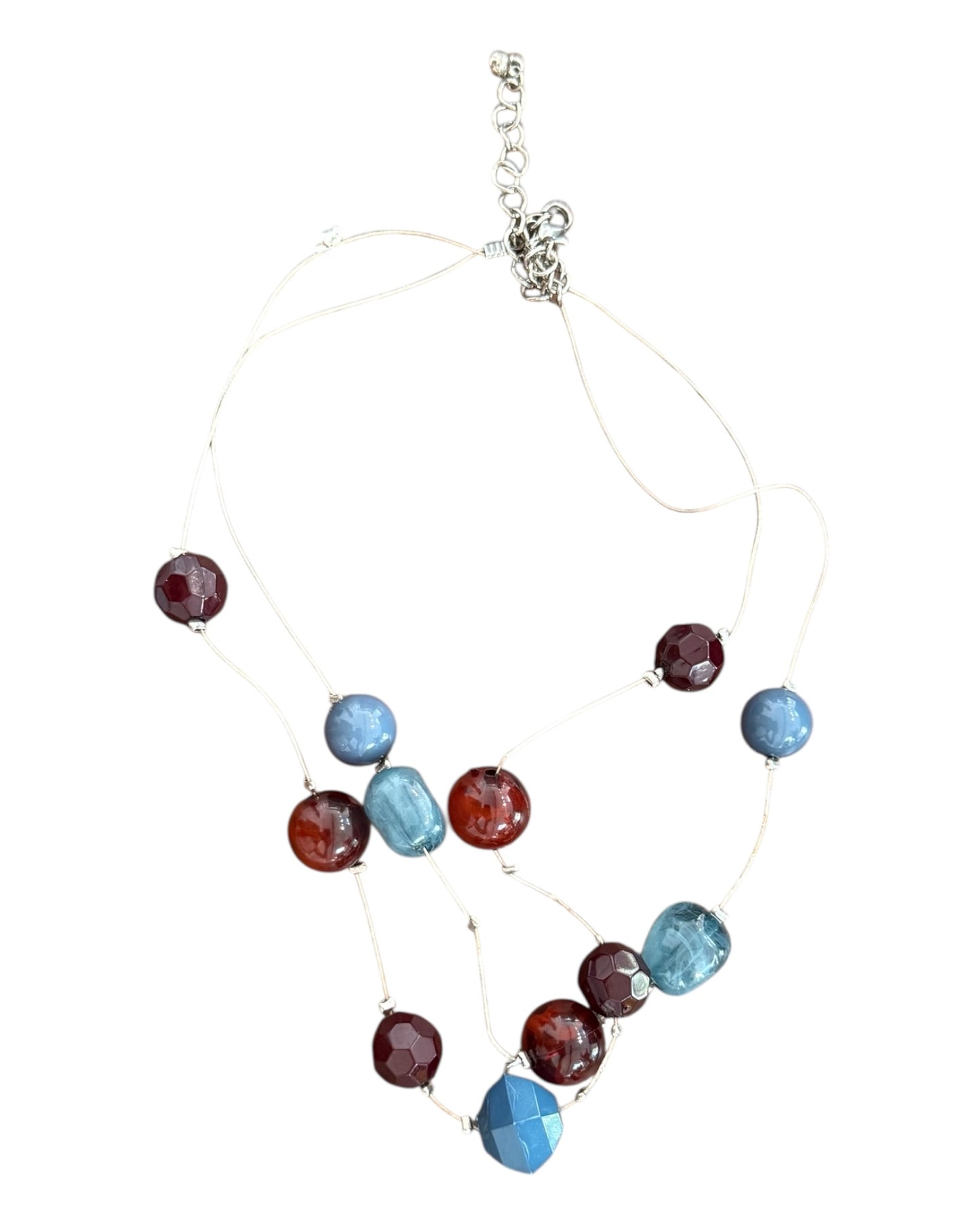 Vintage Blue and Red Beaded Tri-Layer Wire Necklace