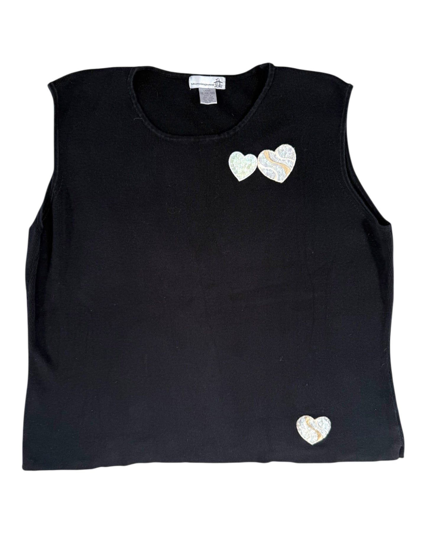 Vintage Black Knit Tank Top with Sequin Hearts